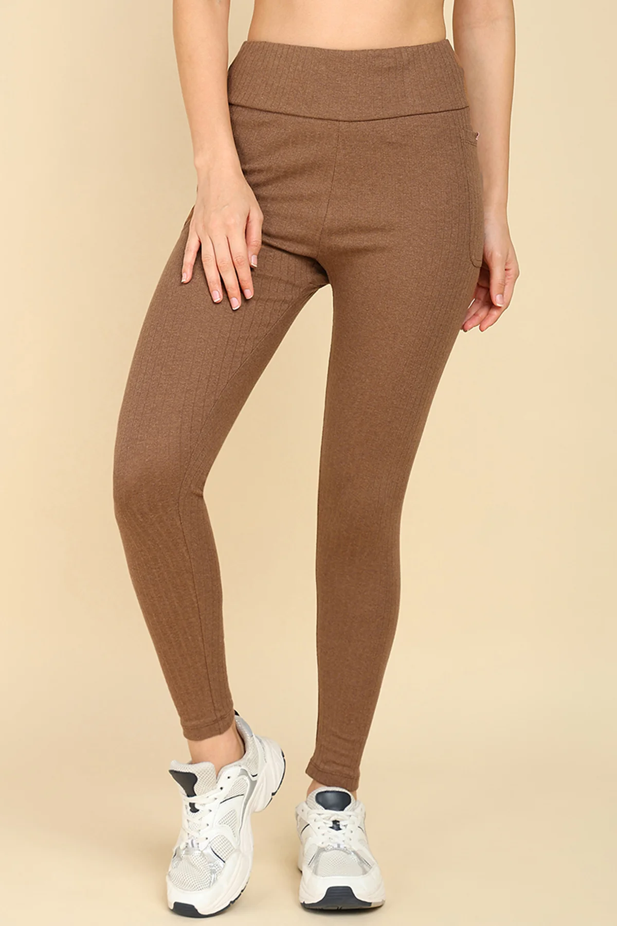 All Over Ribbed Cotton Melange Brown Mom Legging - Image 6