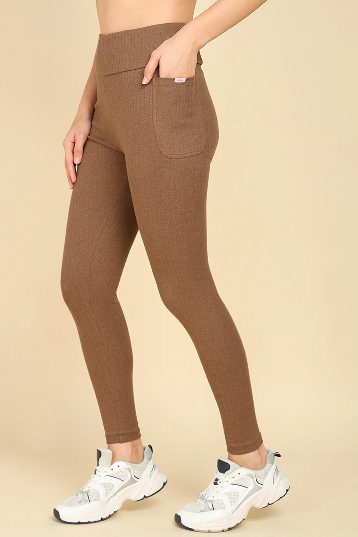 All Over Ribbed Cotton Melange Brown Mom Legging - Image 8
