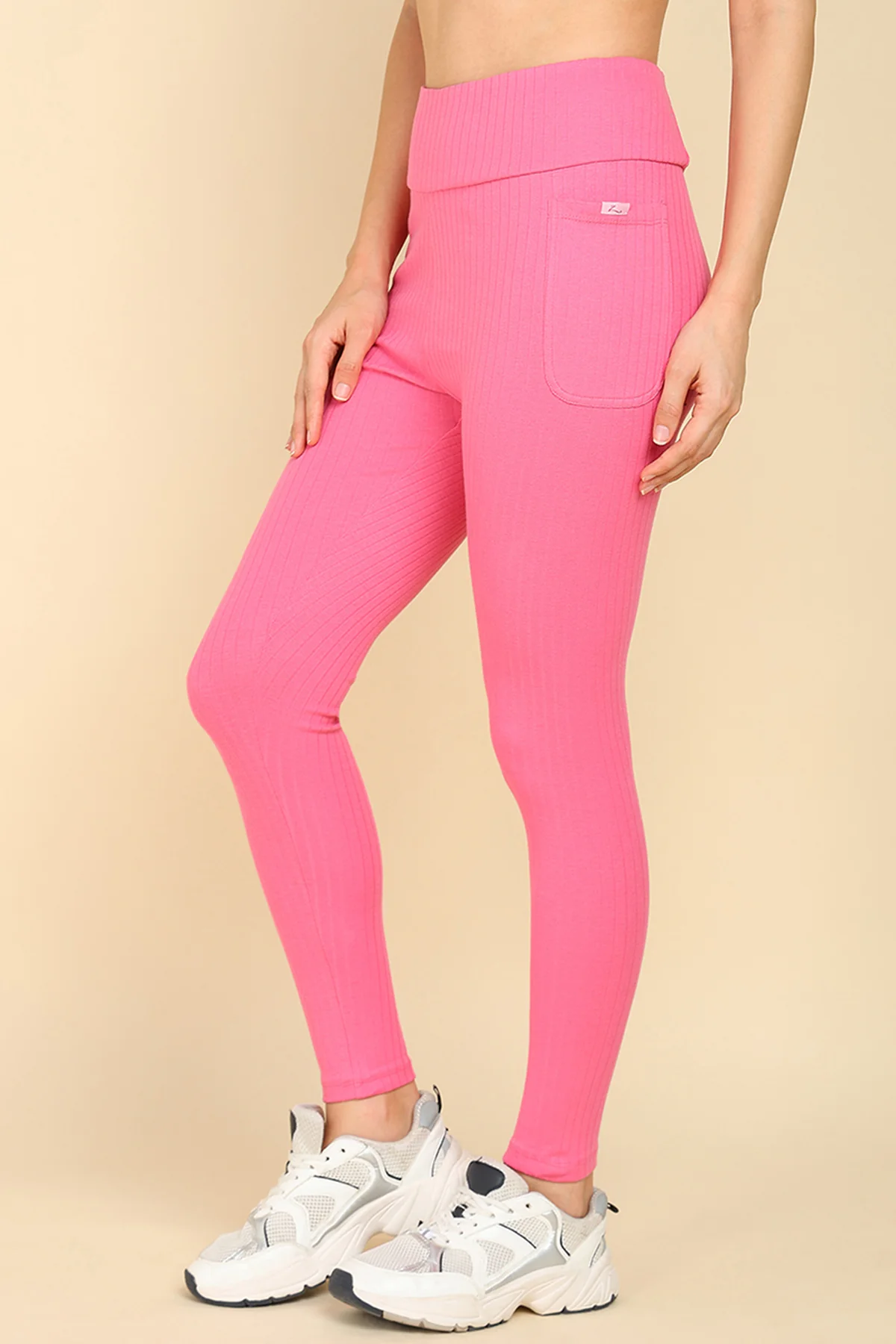 All Over Ribbed Cotton Pink Mom Legging - Image 7