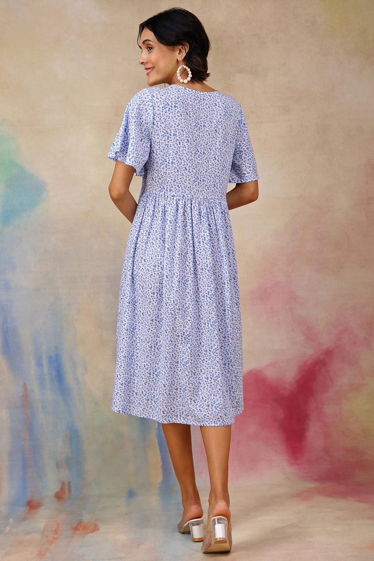 Anya Feminine Splatter Printed Dress In Flowy Textured Cotton Cambric - Image 3