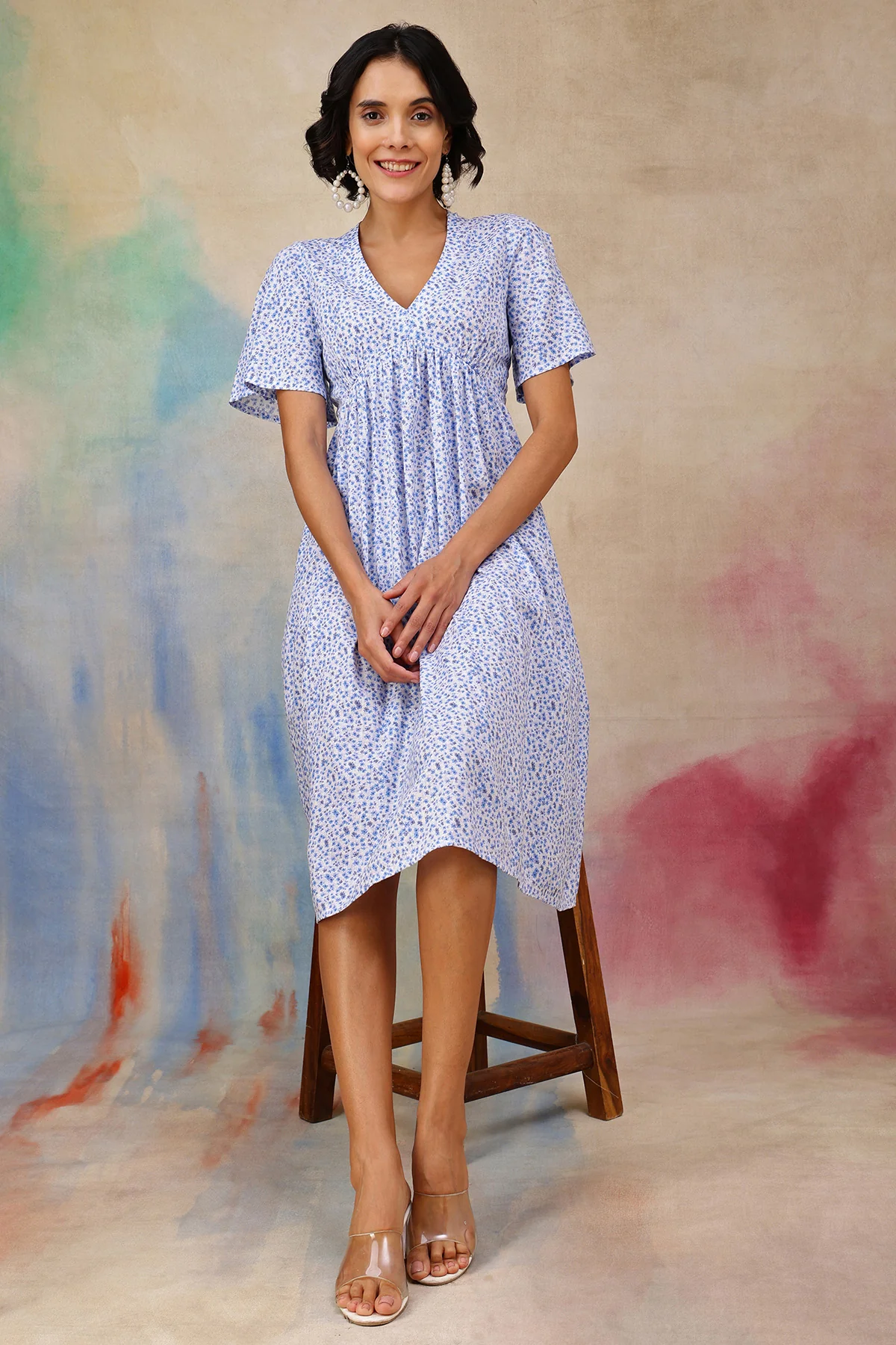 Anya Feminine Splatter Printed Dress In Flowy Textured Cotton Cambric - Image 4