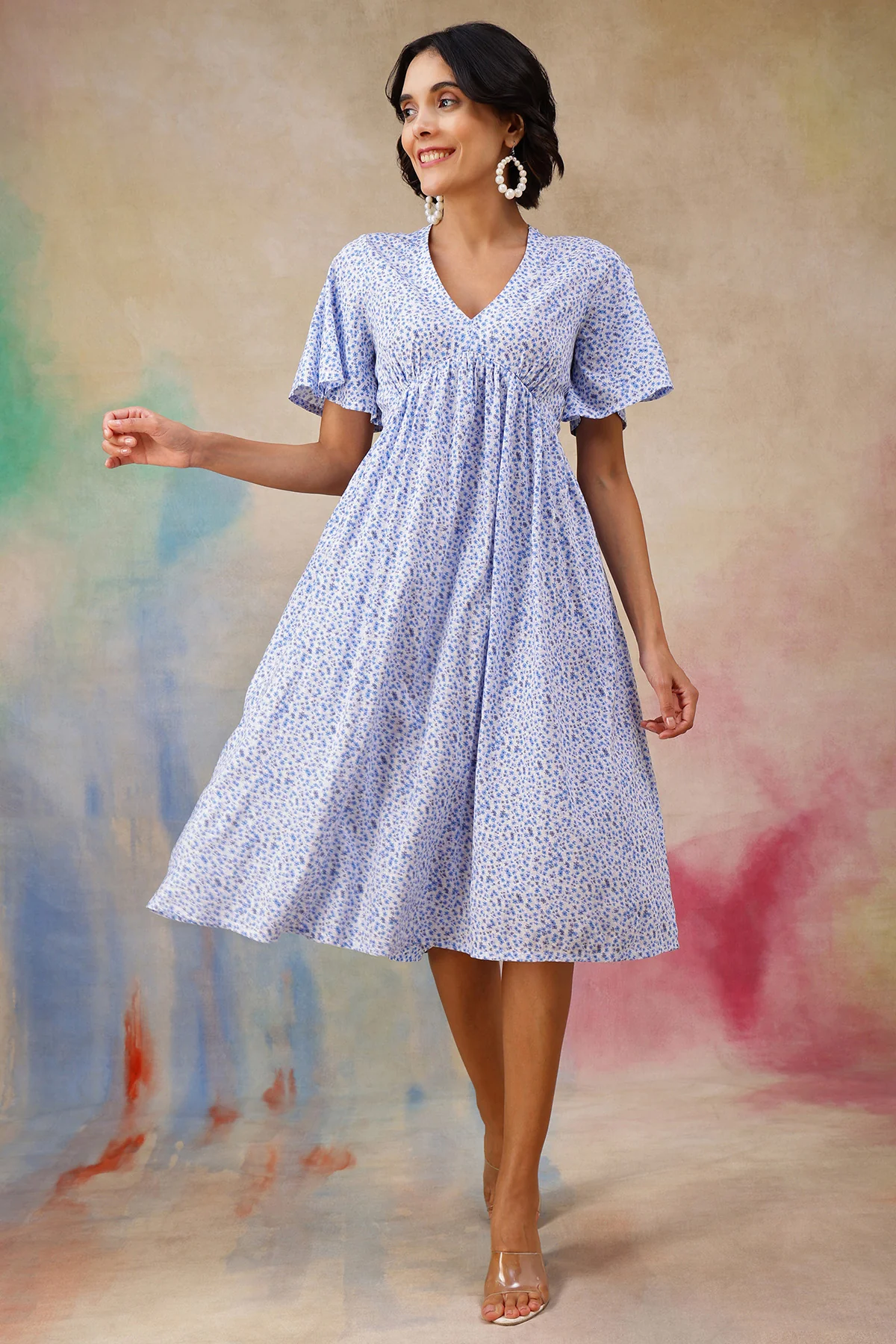 Anya Feminine Splatter Printed Dress In Flowy Textured Cotton Cambric - Image 5