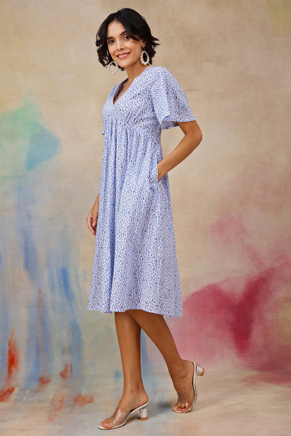 Anya Feminine Splatter Printed Dress In Flowy Textured Cotton Cambric - Image 7