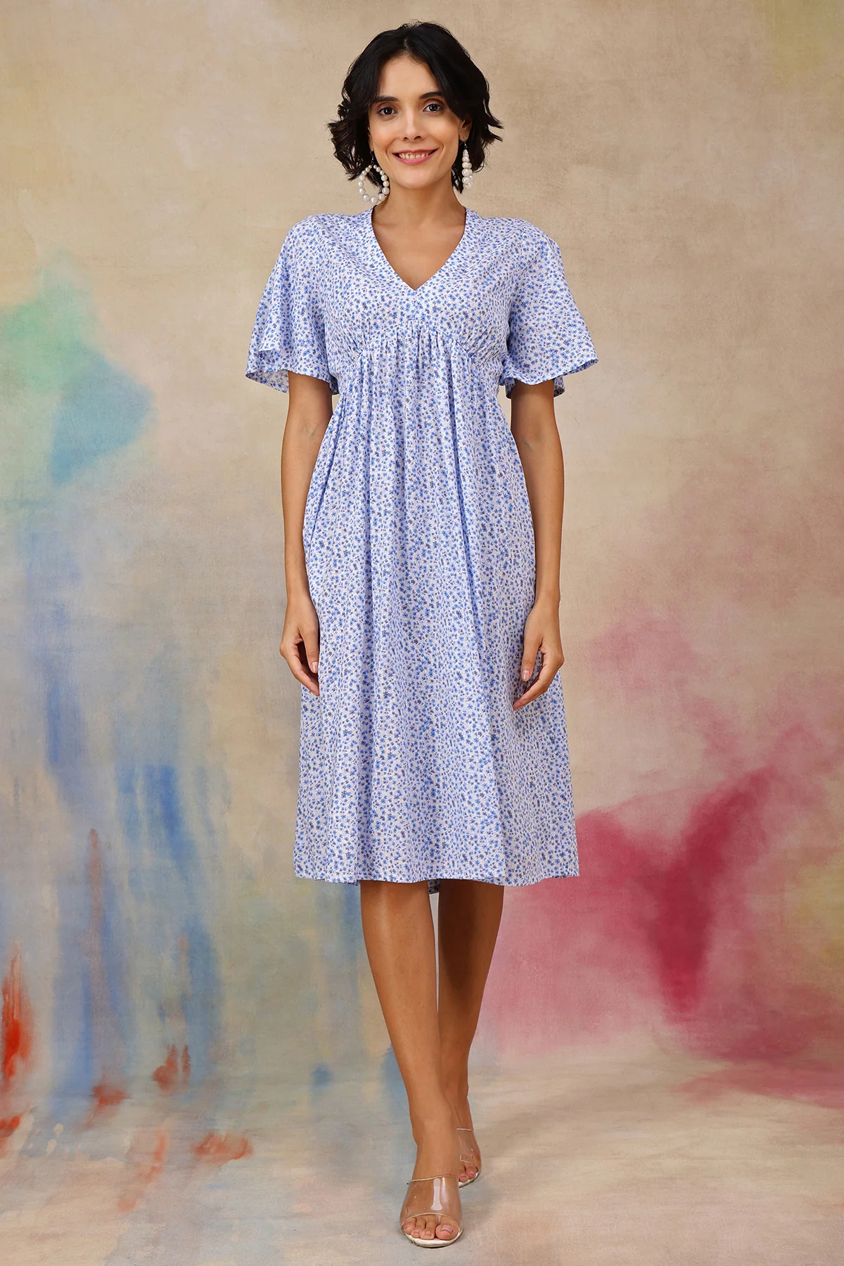 Anya Feminine Splatter Printed Dress In Flowy Textured Cotton Cambric - Image 8