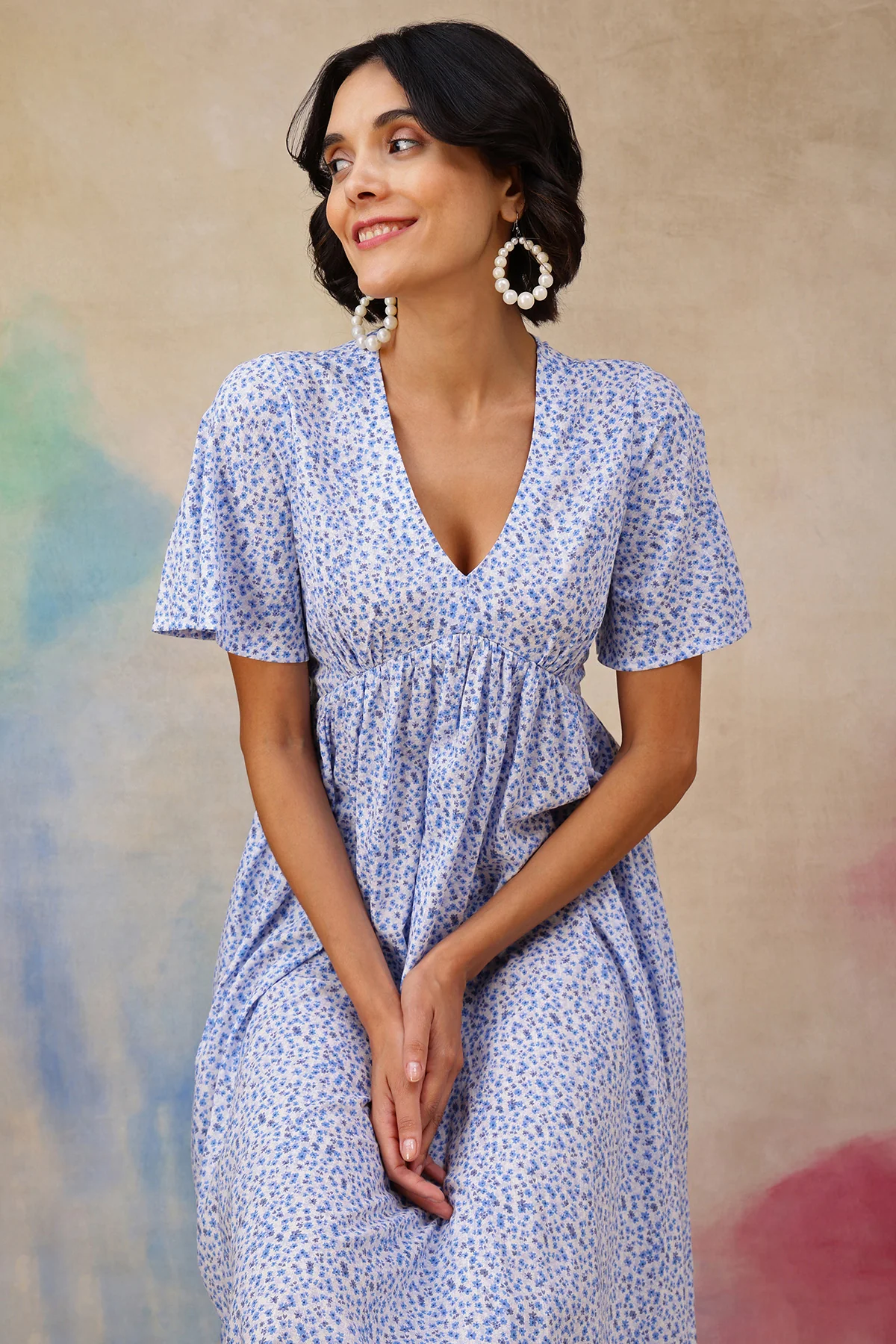 Anya Feminine Splatter Printed Dress In Flowy Textured Cotton Cambric - Image 9