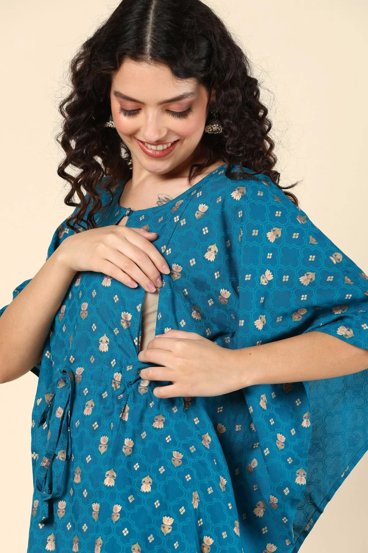 Aqua Blue Pregnancy Maternity Kaftan Set (Top & Bottom) - Image 3