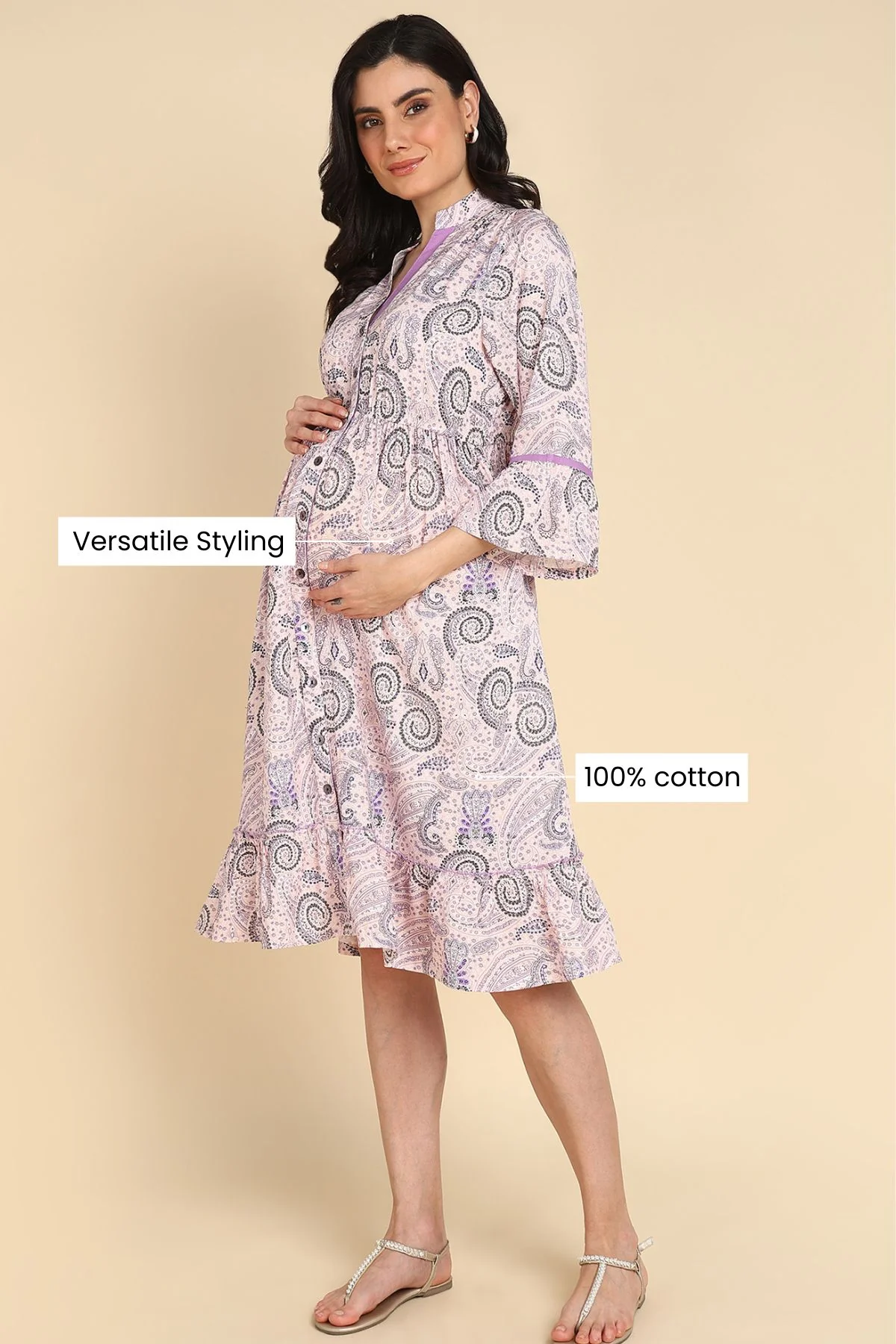 Baby Pink Printed Shirt Dress for Zipless Feeding - Image 3