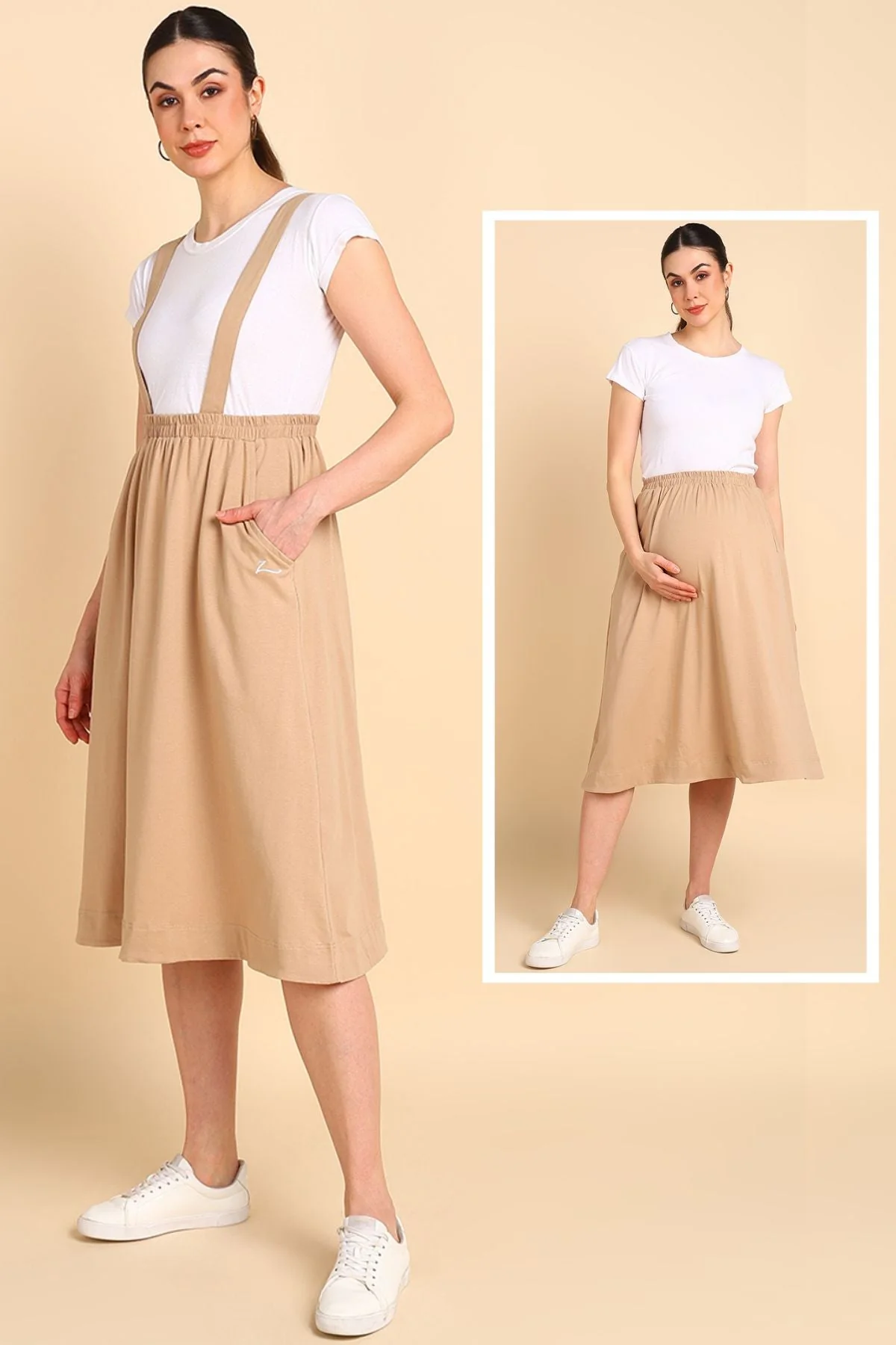 Beige 100% Cotton Jersey Pregnancy Skirt with Detachable Strap & Pockets - Image 12