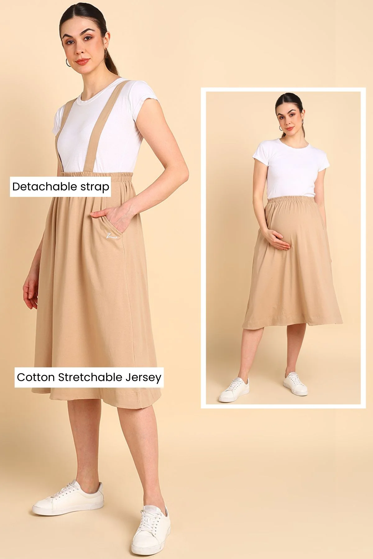 Beige 100% Cotton Jersey Pregnancy Skirt with Detachable Strap & Pockets - Image 3