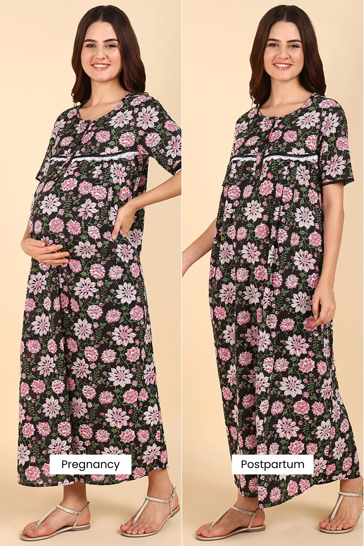 Black Floral Printed 100% Soft Cotton Zipless Maternity Maxi - Image 3