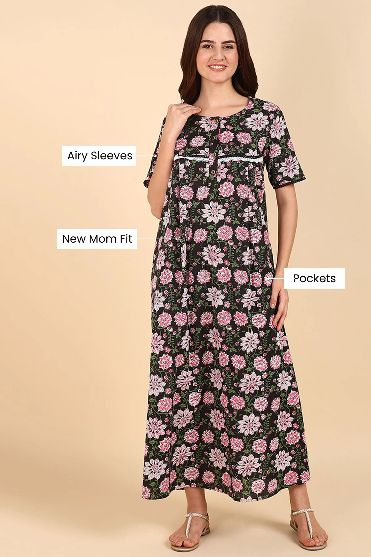 Black Floral Printed 100% Soft Cotton Zipless Maternity Maxi - Image 4