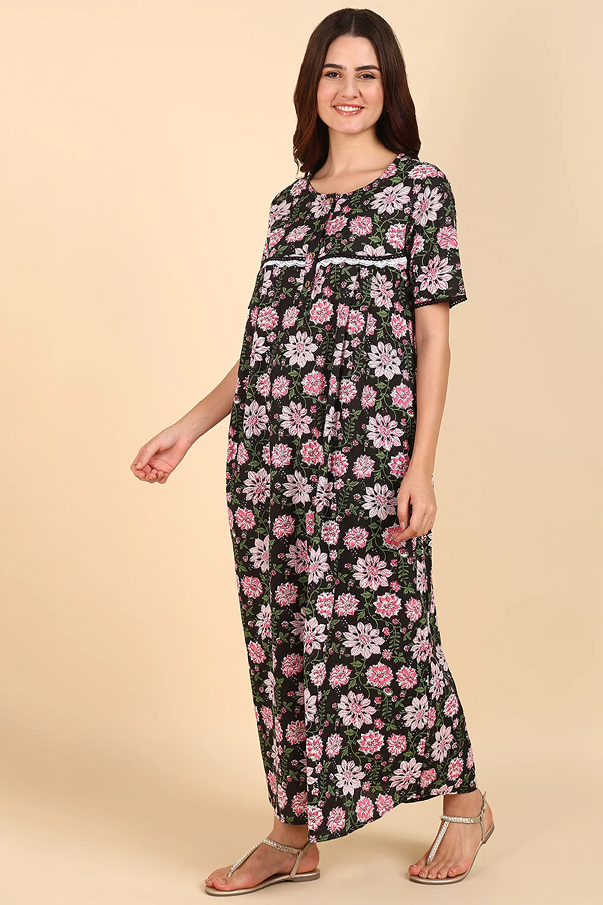 Black Floral Printed 100% Soft Cotton Zipless Maternity Maxi - Image 5