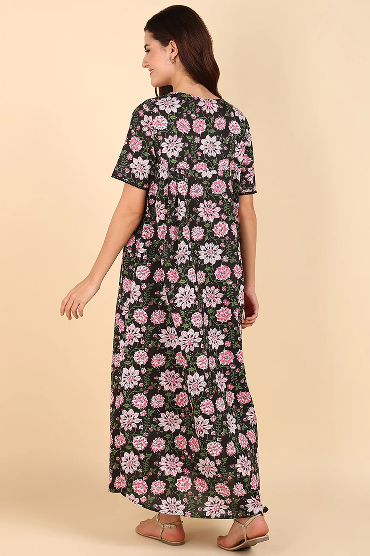 Black Floral Printed 100% Soft Cotton Zipless Maternity Maxi - Image 6