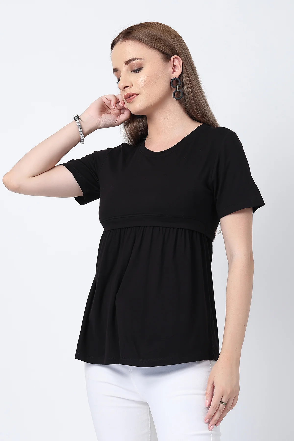 Black Maternity Zipless Feeding Gathered Top - Image 5