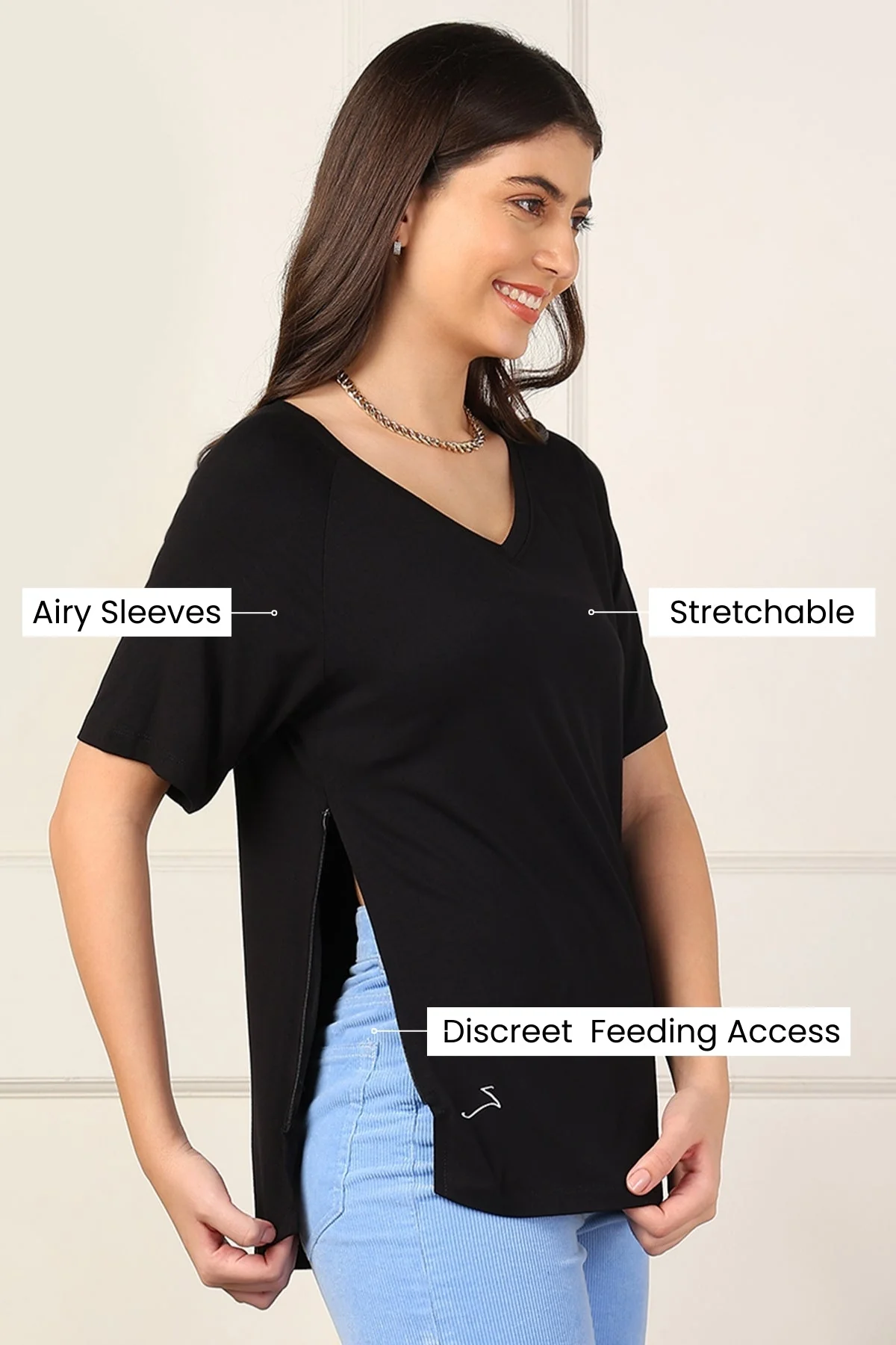 Black Solid Nursing Top with Side Zip Access - Image 3