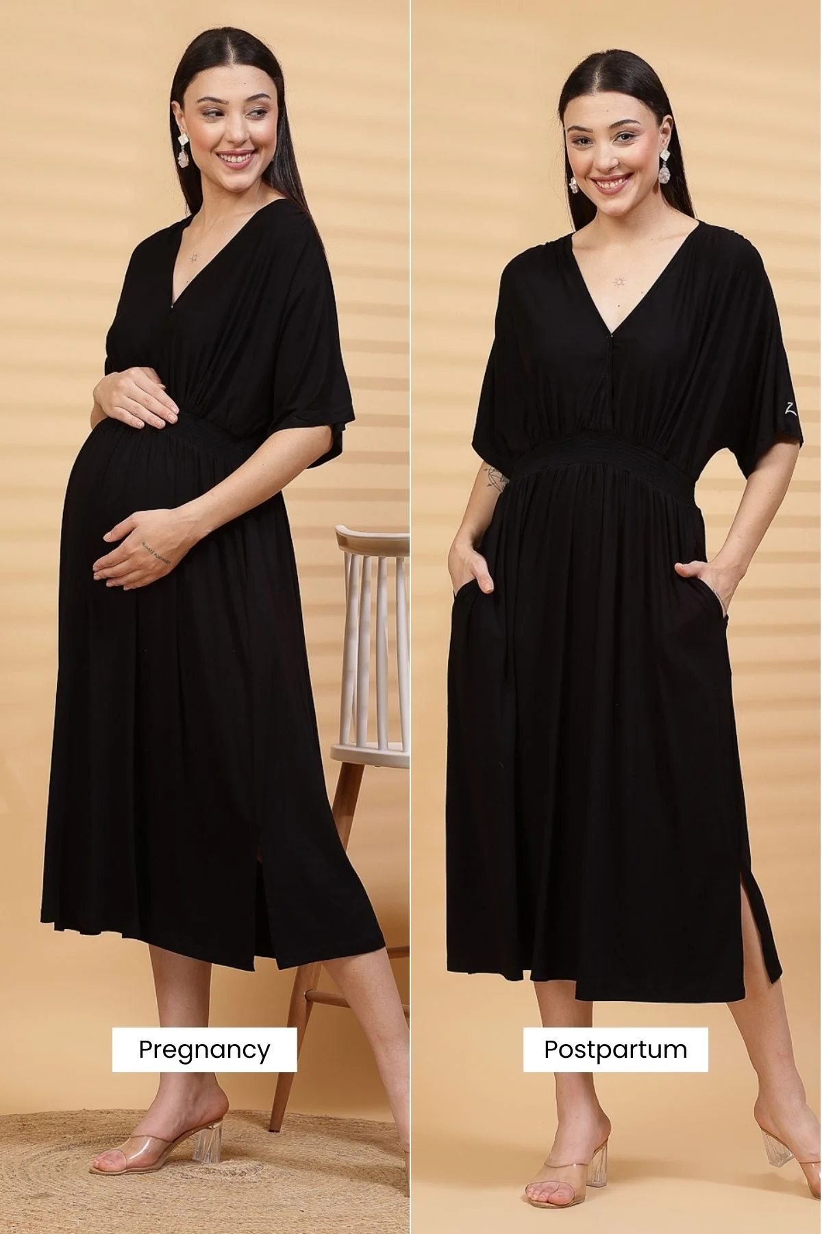 Black Solid Smocked Waist Zipless Feeding Dress - Image 3