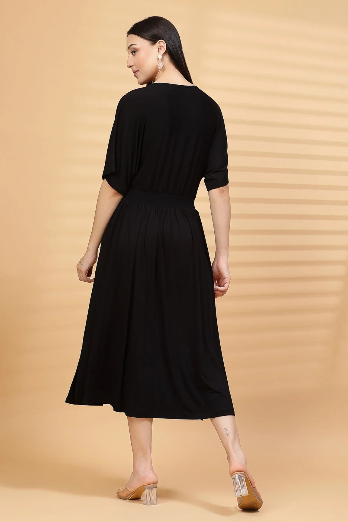 Black Solid Smocked Waist Zipless Feeding Dress - Image 5