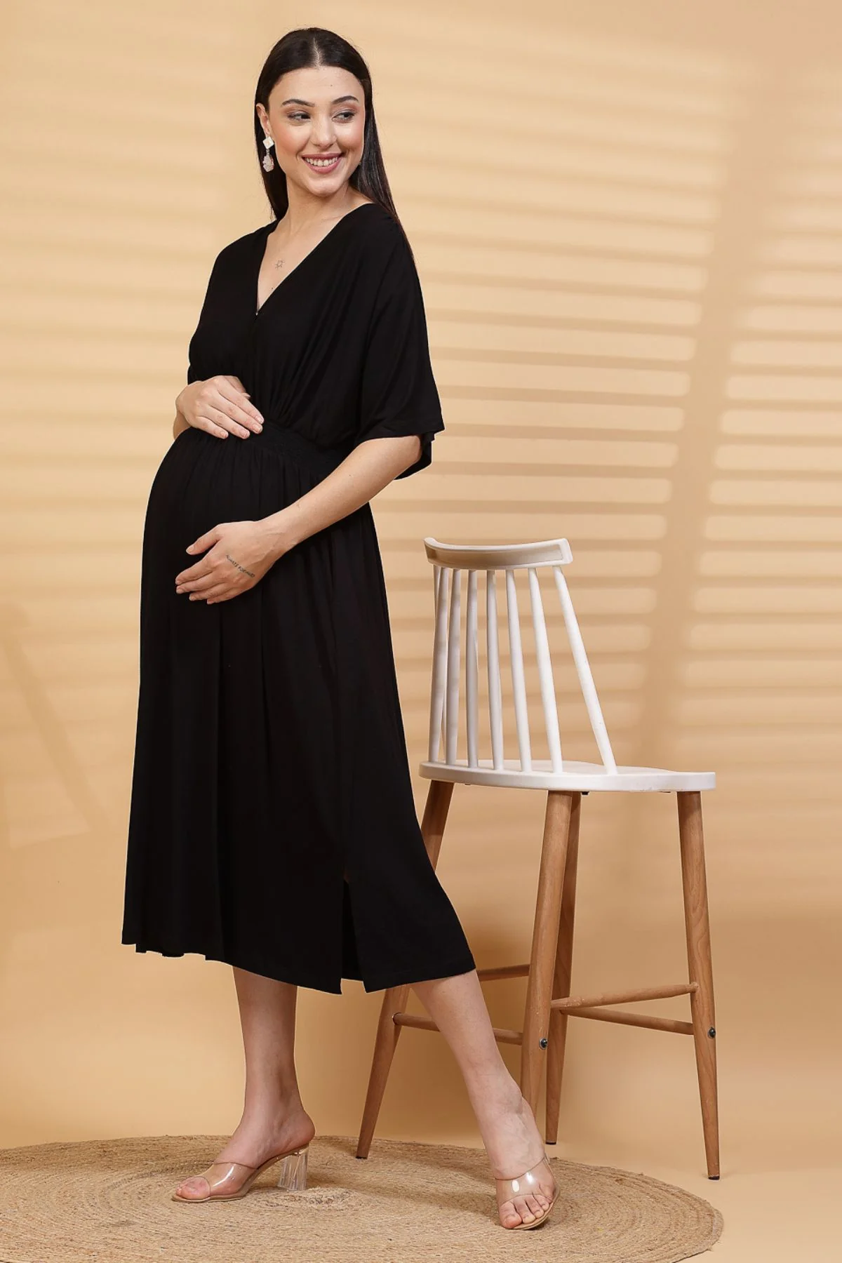 Black Solid Smocked Waist Zipless Feeding Dress - Image 7