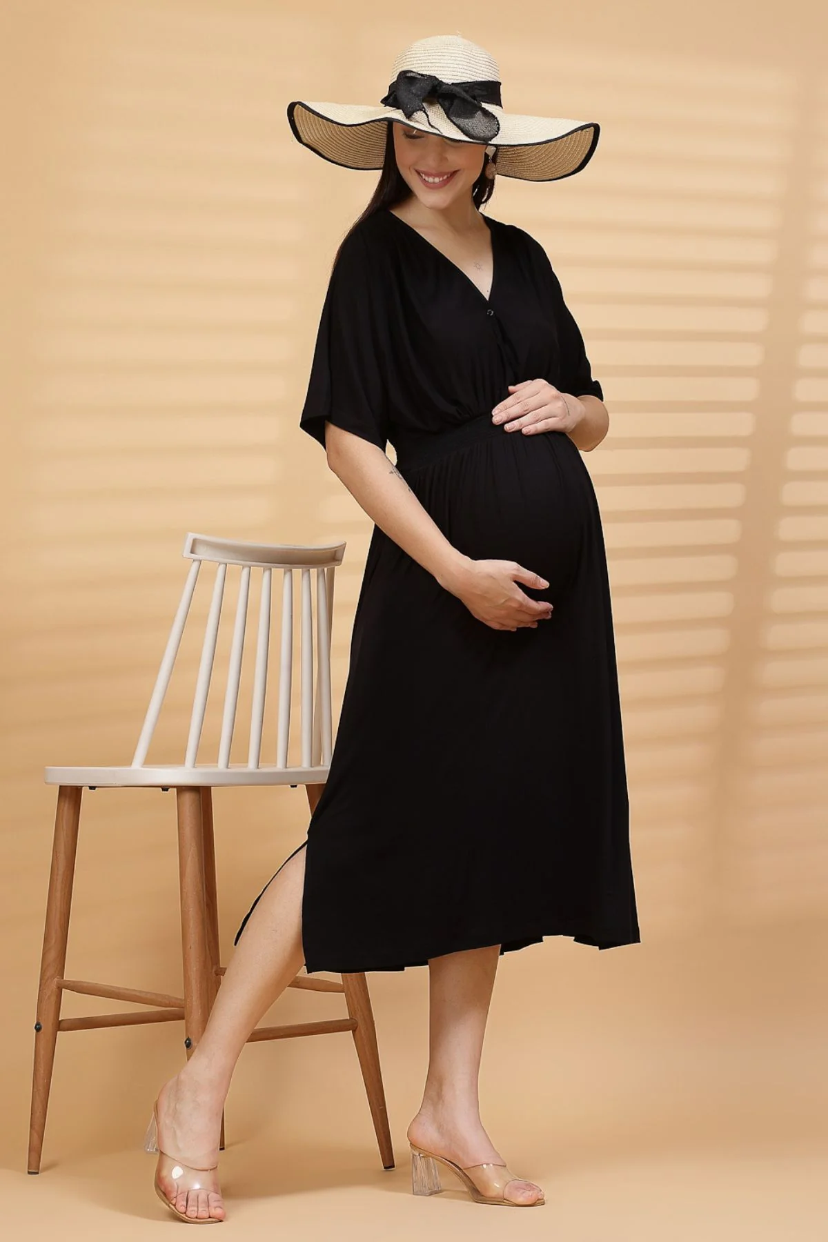 Black Solid Smocked Waist Zipless Feeding Dress - Image 9