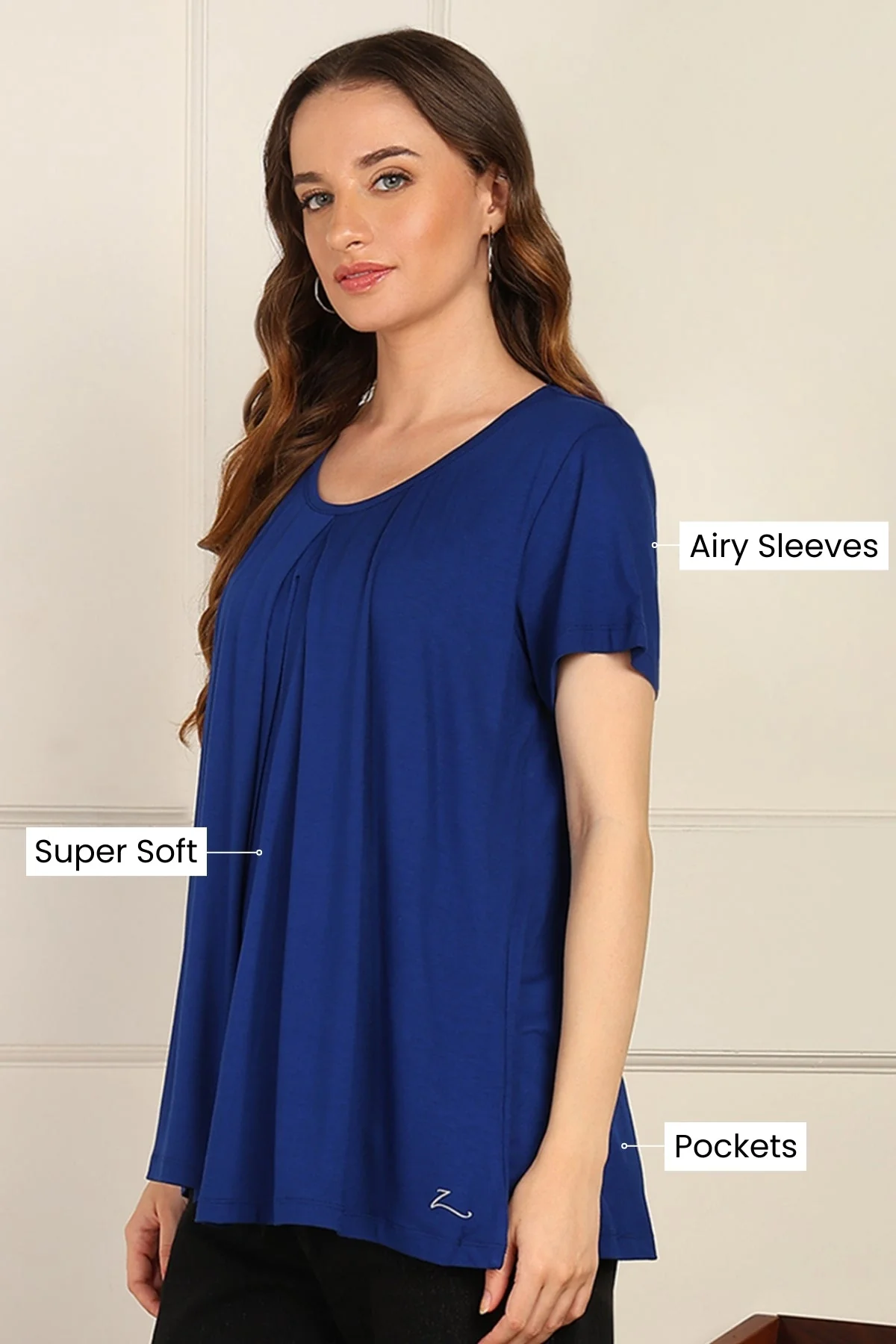 Blue Front & Back Pleated Zipless Nursing Top - Image 3