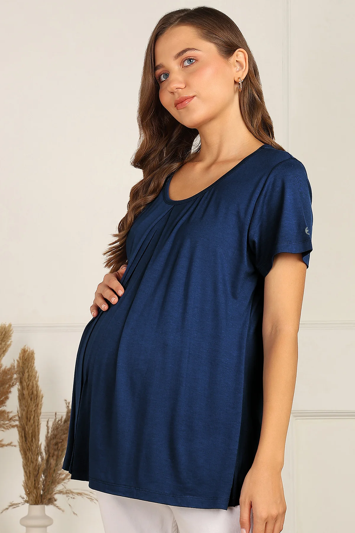 Blue Front & Back Pleated Zipless Nursing Top - Image 6