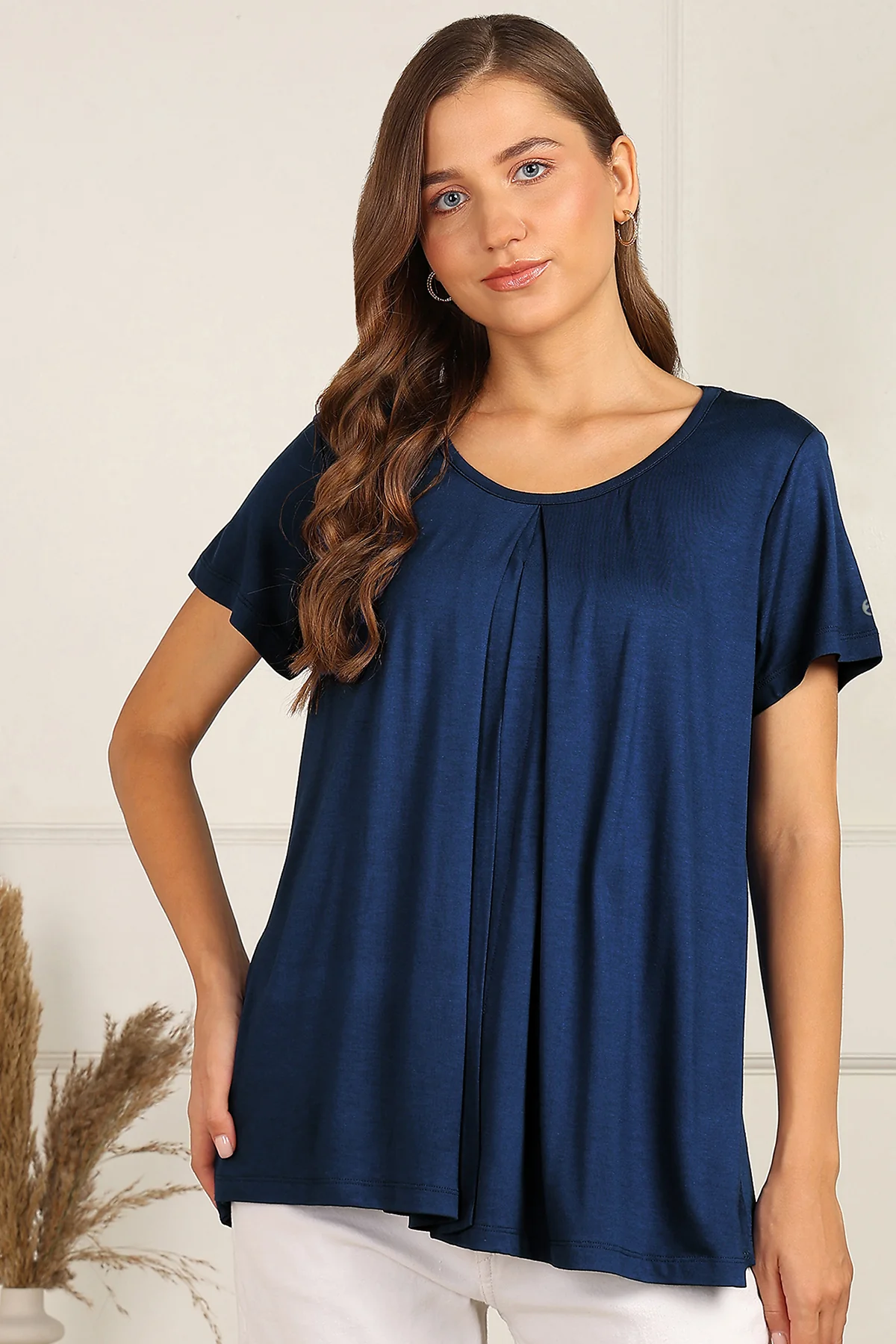 Blue Front & Back Pleated Zipless Nursing Top - Image 7