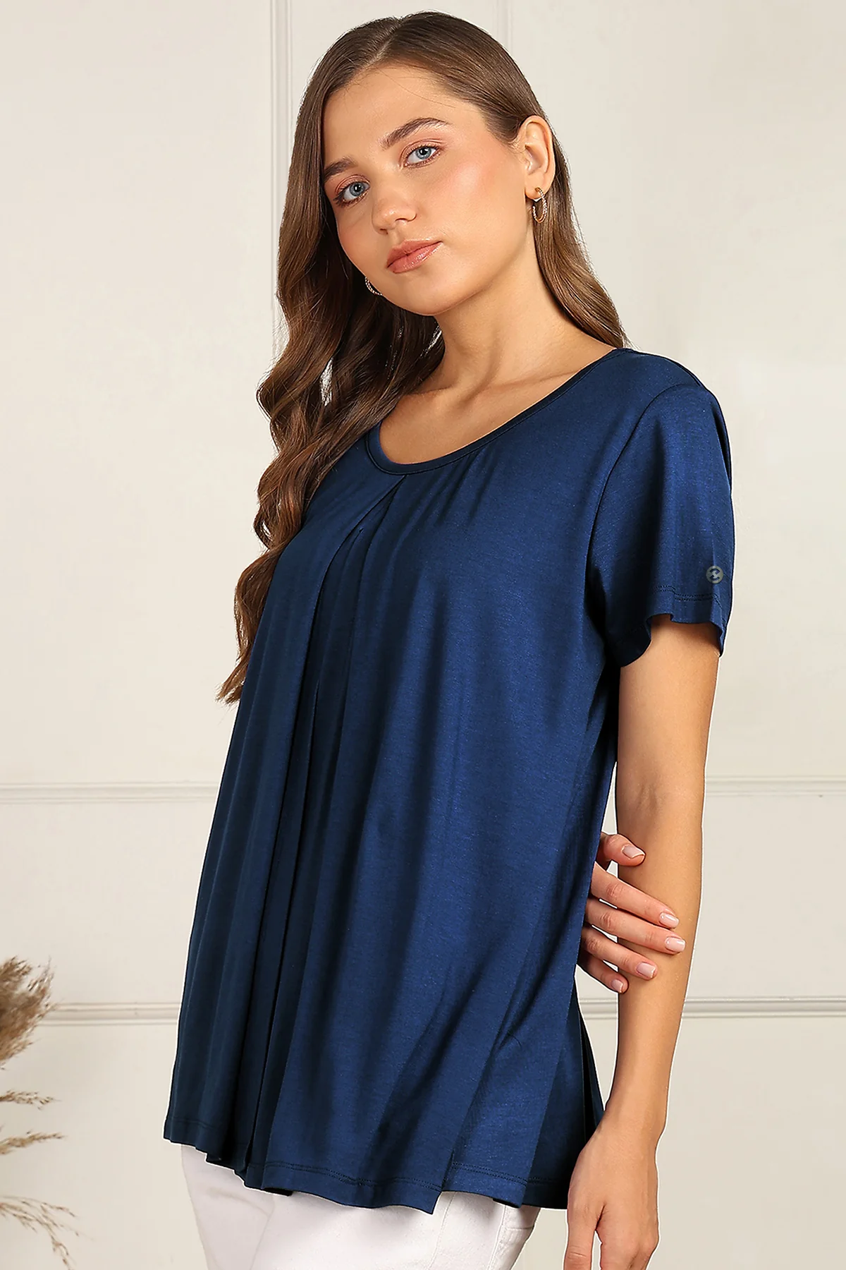 Blue Front & Back Pleated Zipless Nursing Top - Image 8