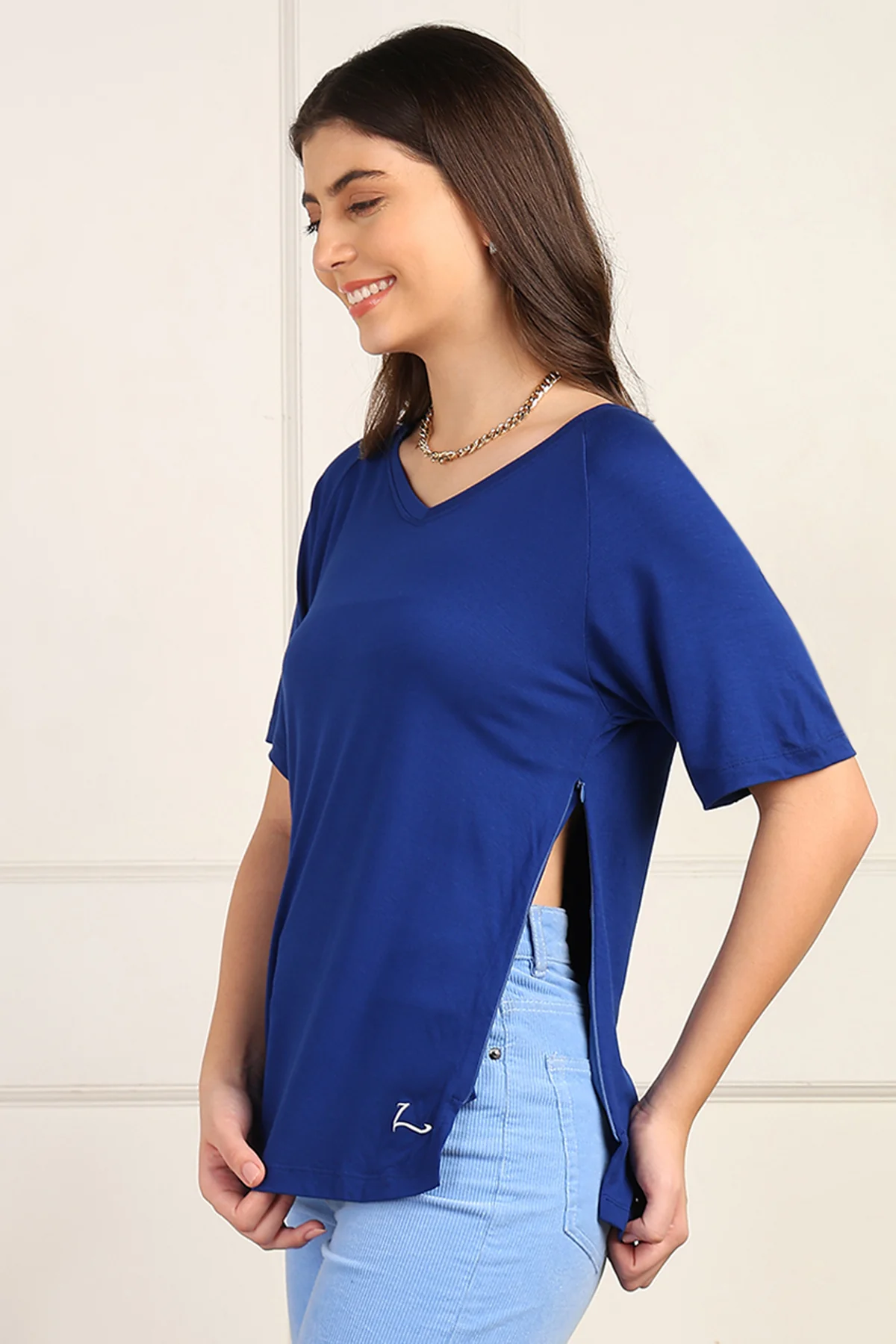 Blue Solid Nursing Top with Side Zip Access - Image 10