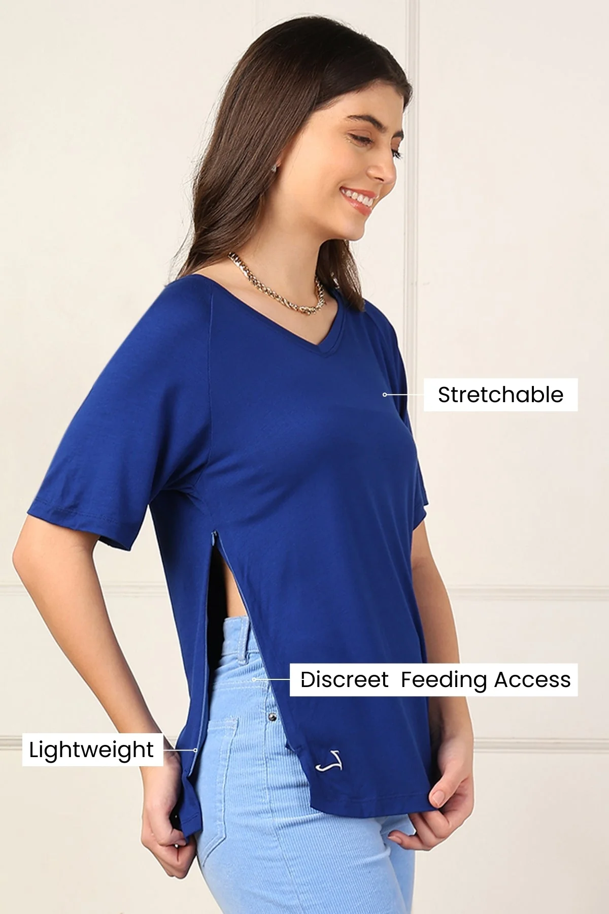 Blue Solid Nursing Top with Side Zip Access - Image 3