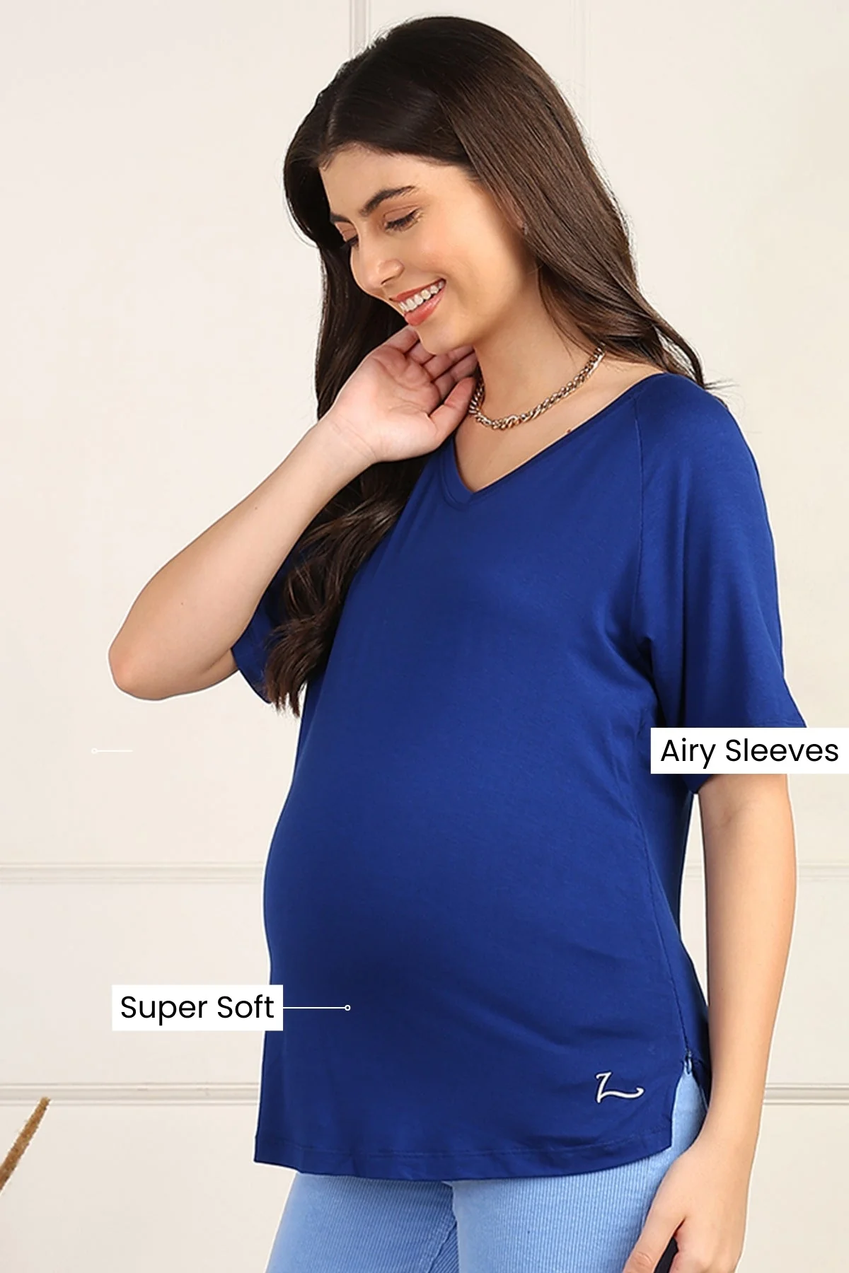 Blue Solid Nursing Top with Side Zip Access - Image 4