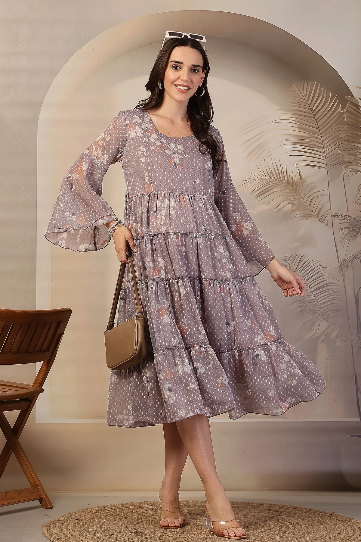 Blush Floral Printed Maternity Feeding Tiered Dress - Image 12
