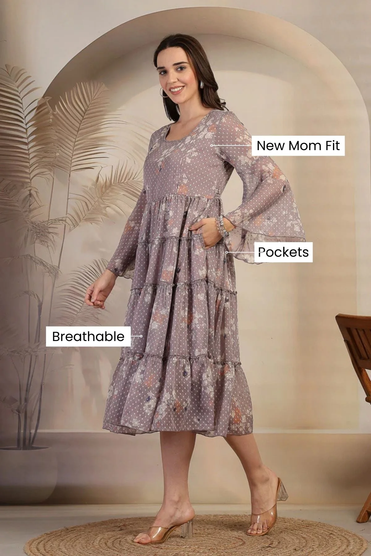 Blush Floral Printed Maternity Feeding Tiered Dress - Image 15