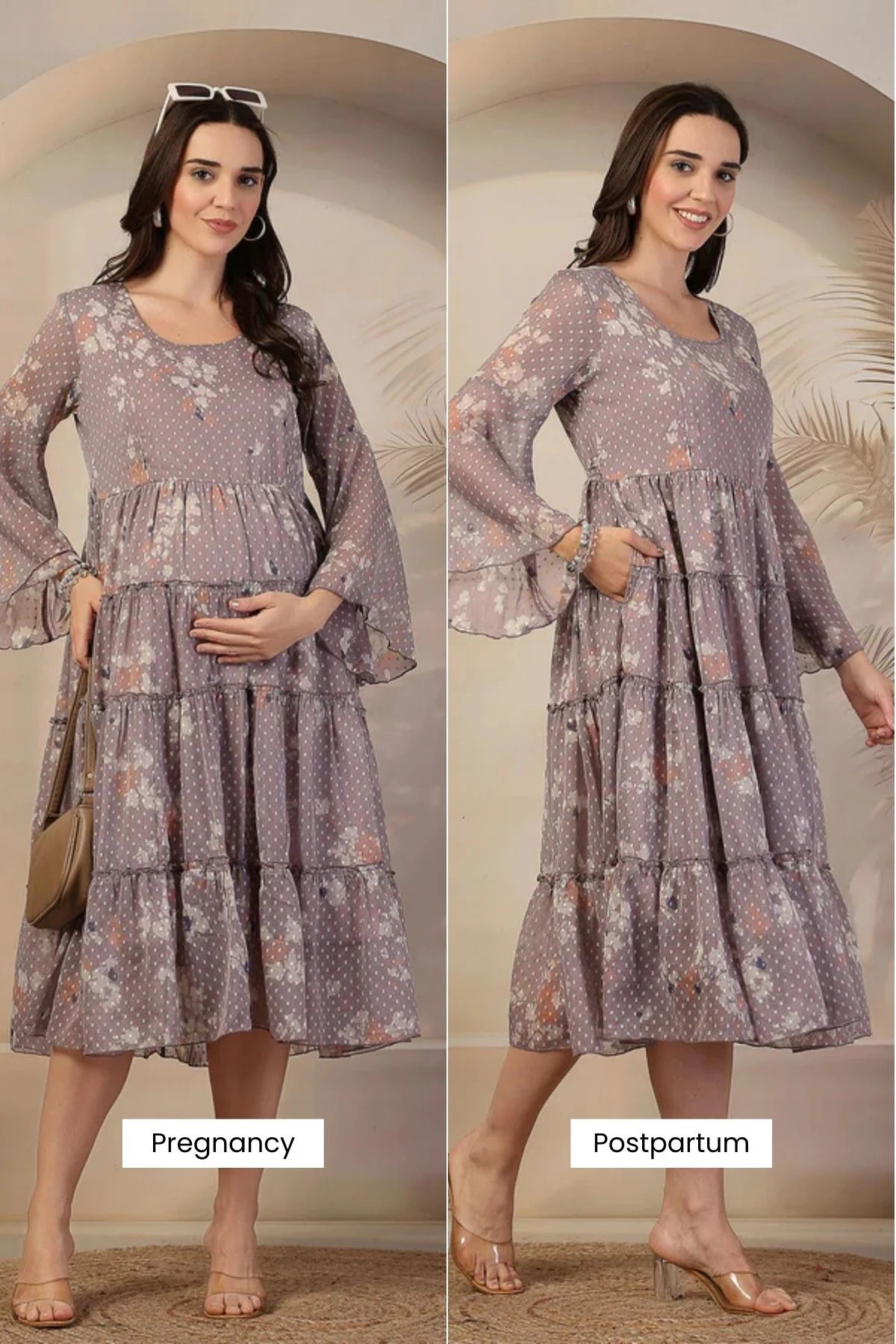 Blush Floral Printed Maternity Feeding Tiered Dress - Image 3
