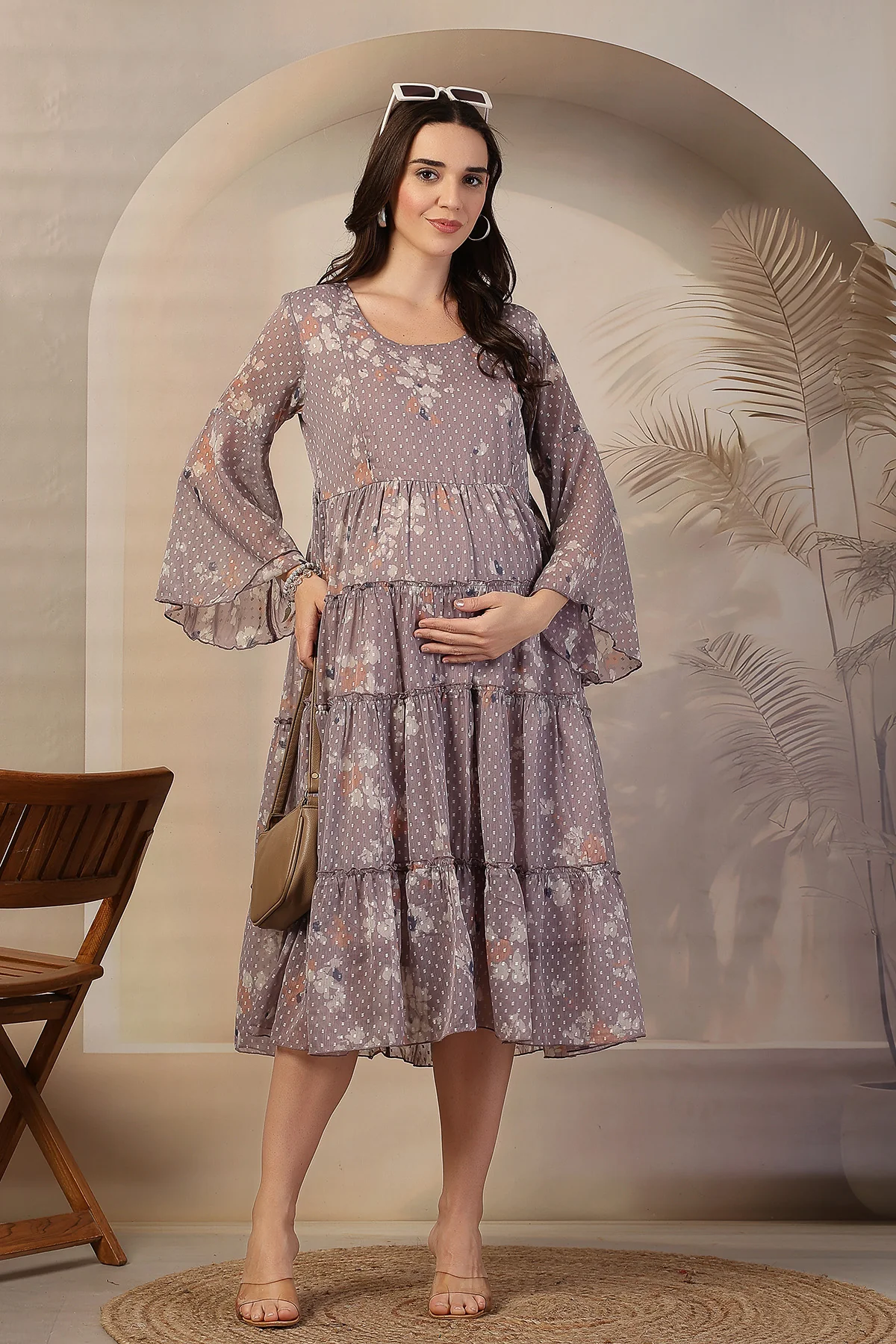 Blush Floral Printed Maternity Feeding Tiered Dress - Image 5