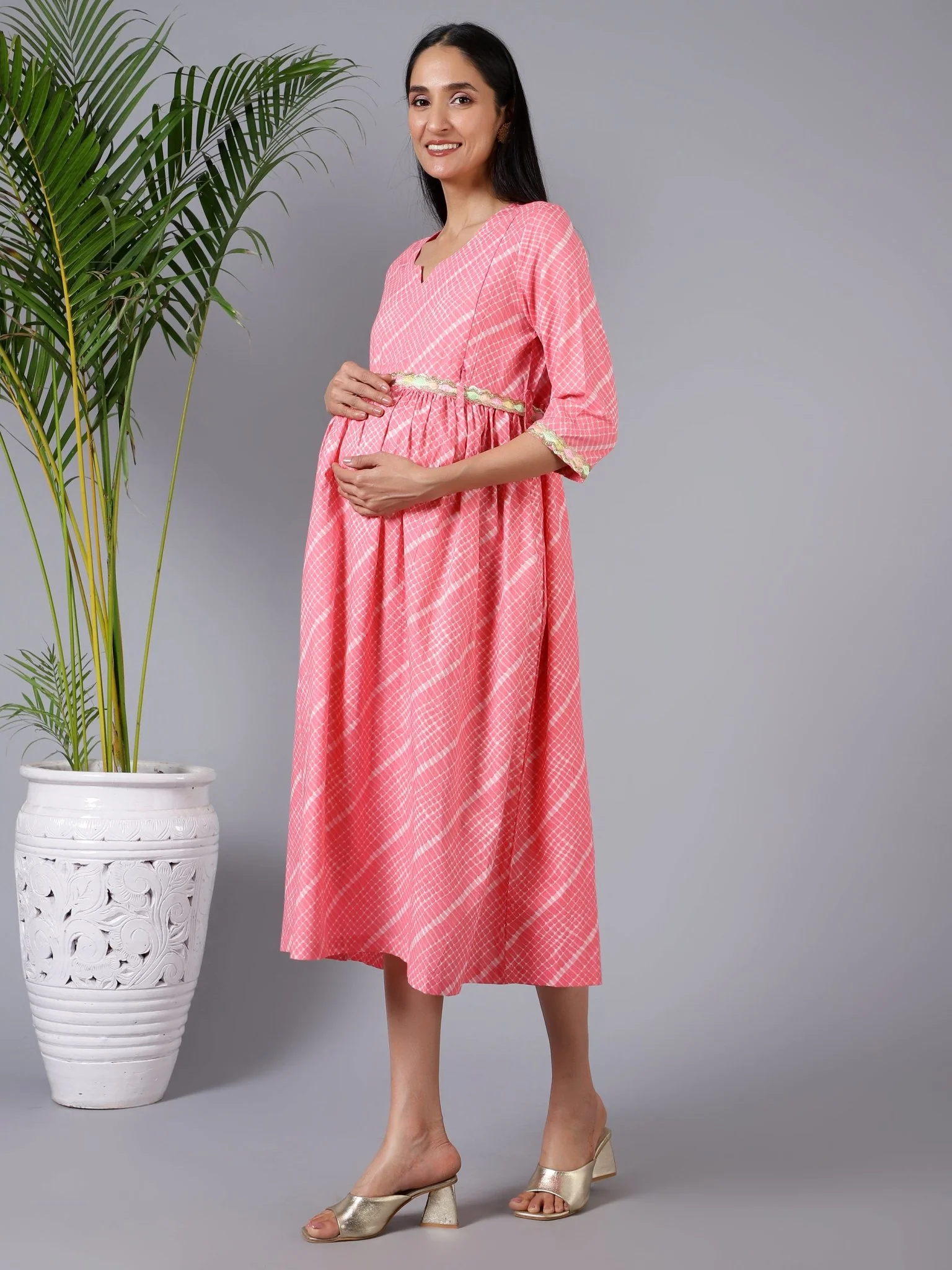 Salmon Splash Maternity Dress with Embroidered Lace and Pocket - Image 5