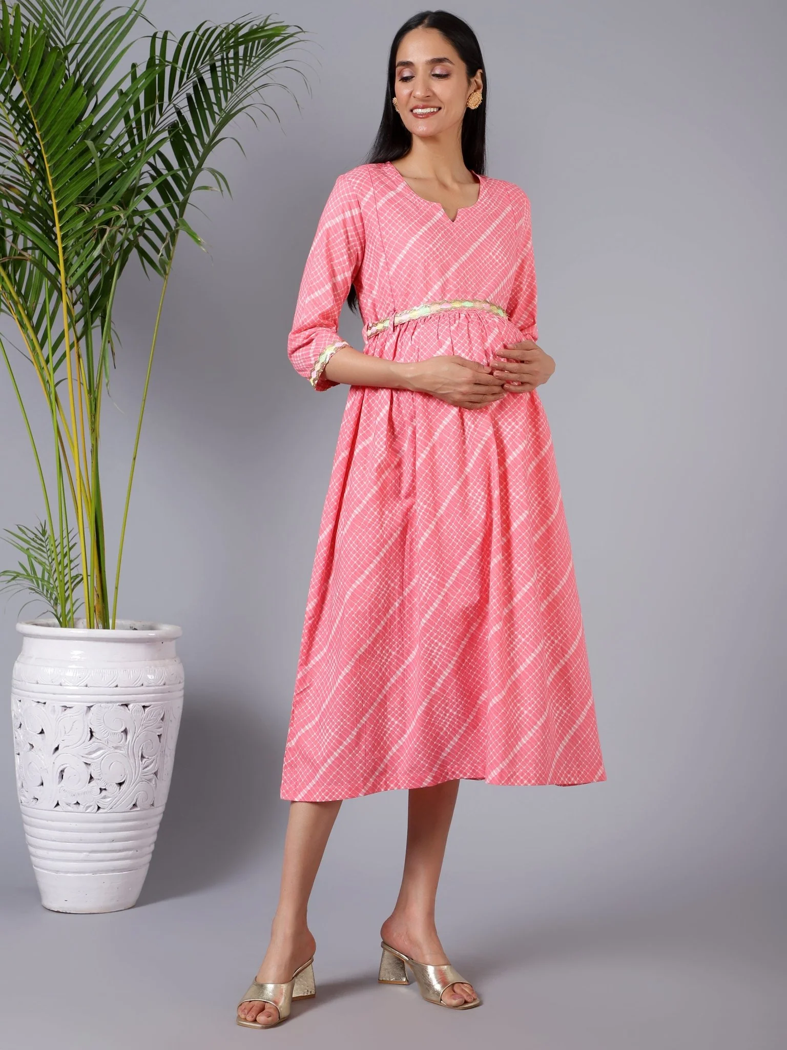 Salmon Splash Maternity Dress with Embroidered Lace and Pocket - Image 6