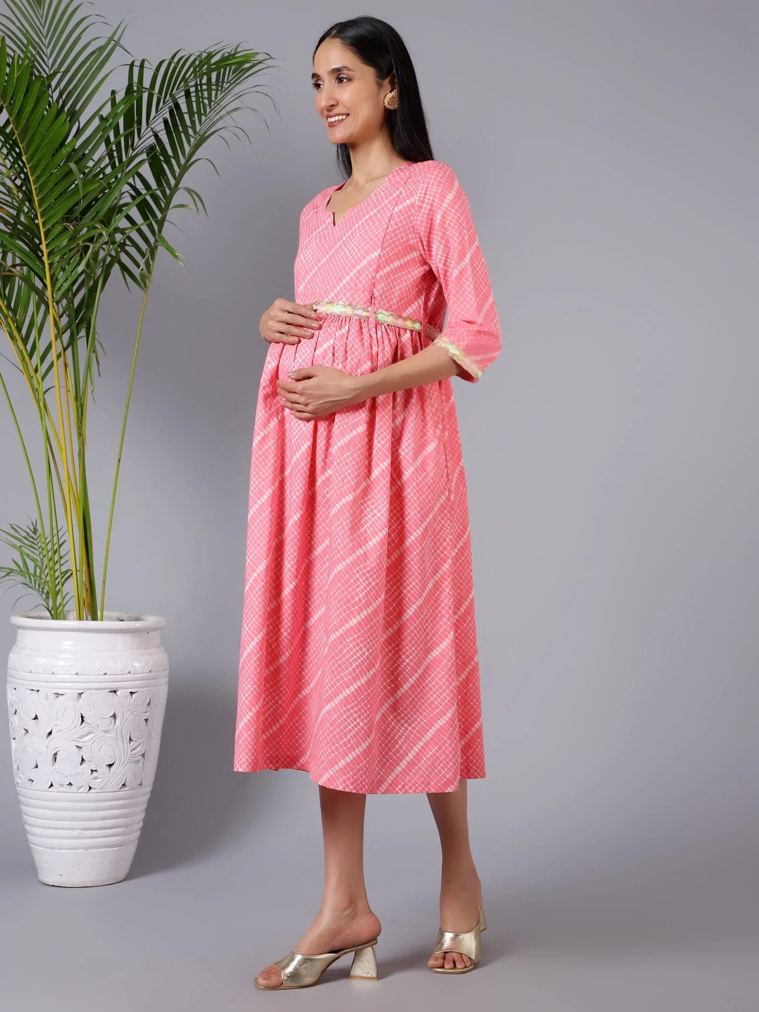 Salmon Splash Maternity Dress with Embroidered Lace and Pocket - Image 7