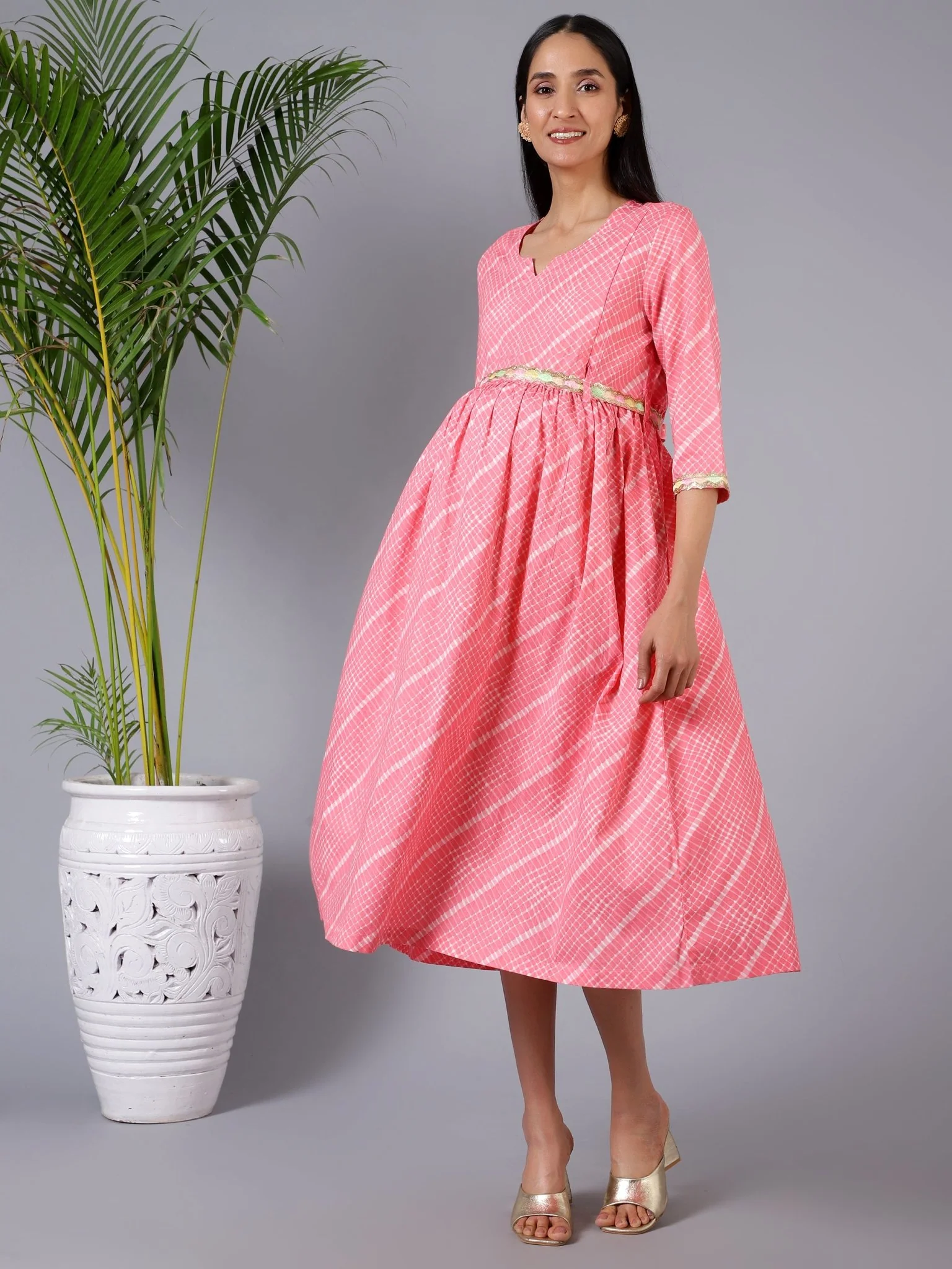 Salmon Splash Maternity Dress with Embroidered Lace and Pocket - Image 8