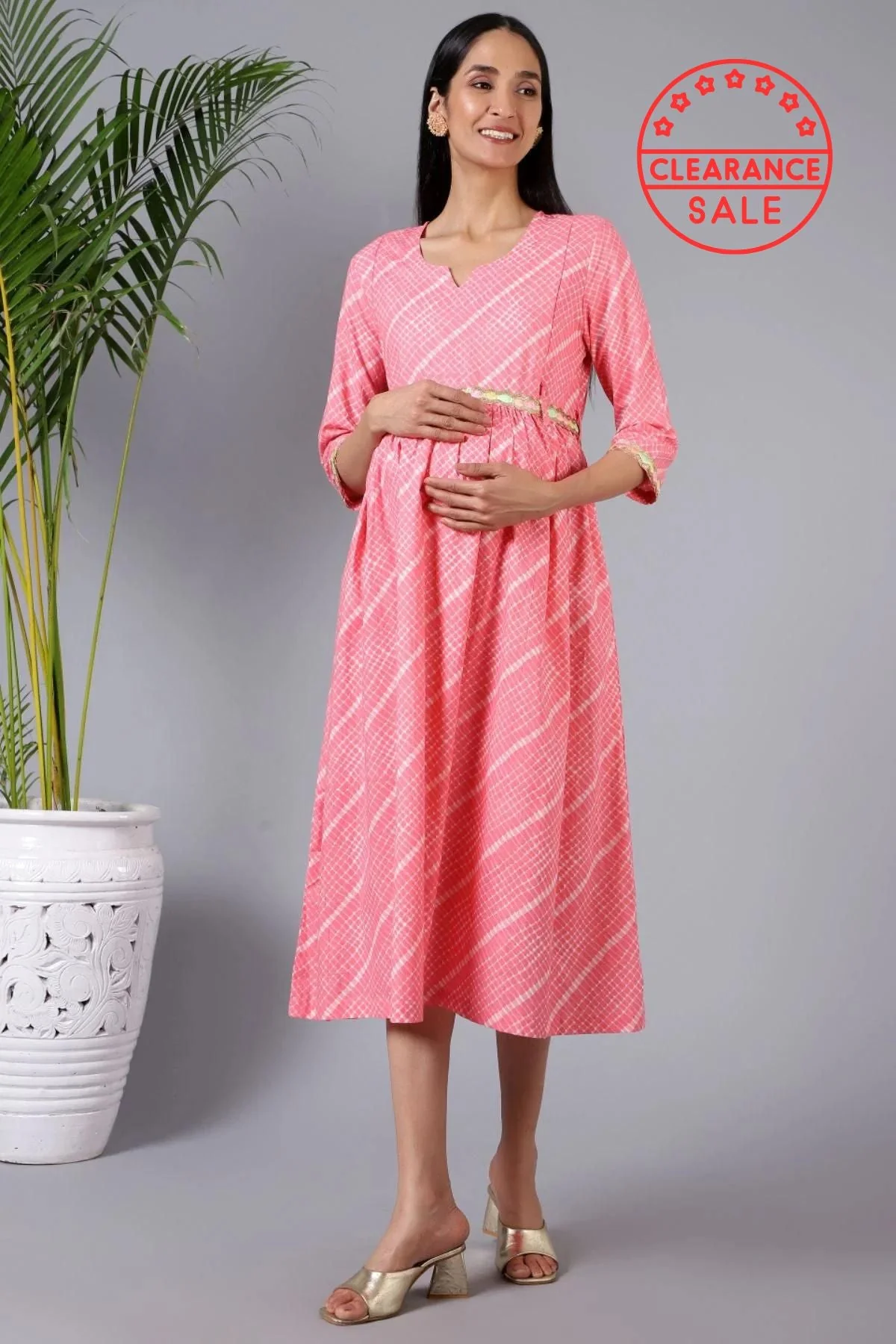 Salmon Splash Maternity Dress with Embroidered Lace and Pocket - Image 9