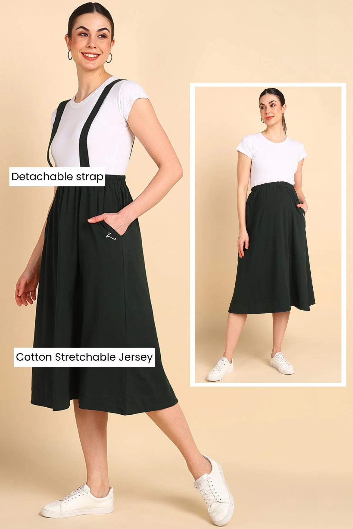 Bottle Green 100% Cotton Jersey Maternity Skirt with Detachable Strap & Pockets - Image 3
