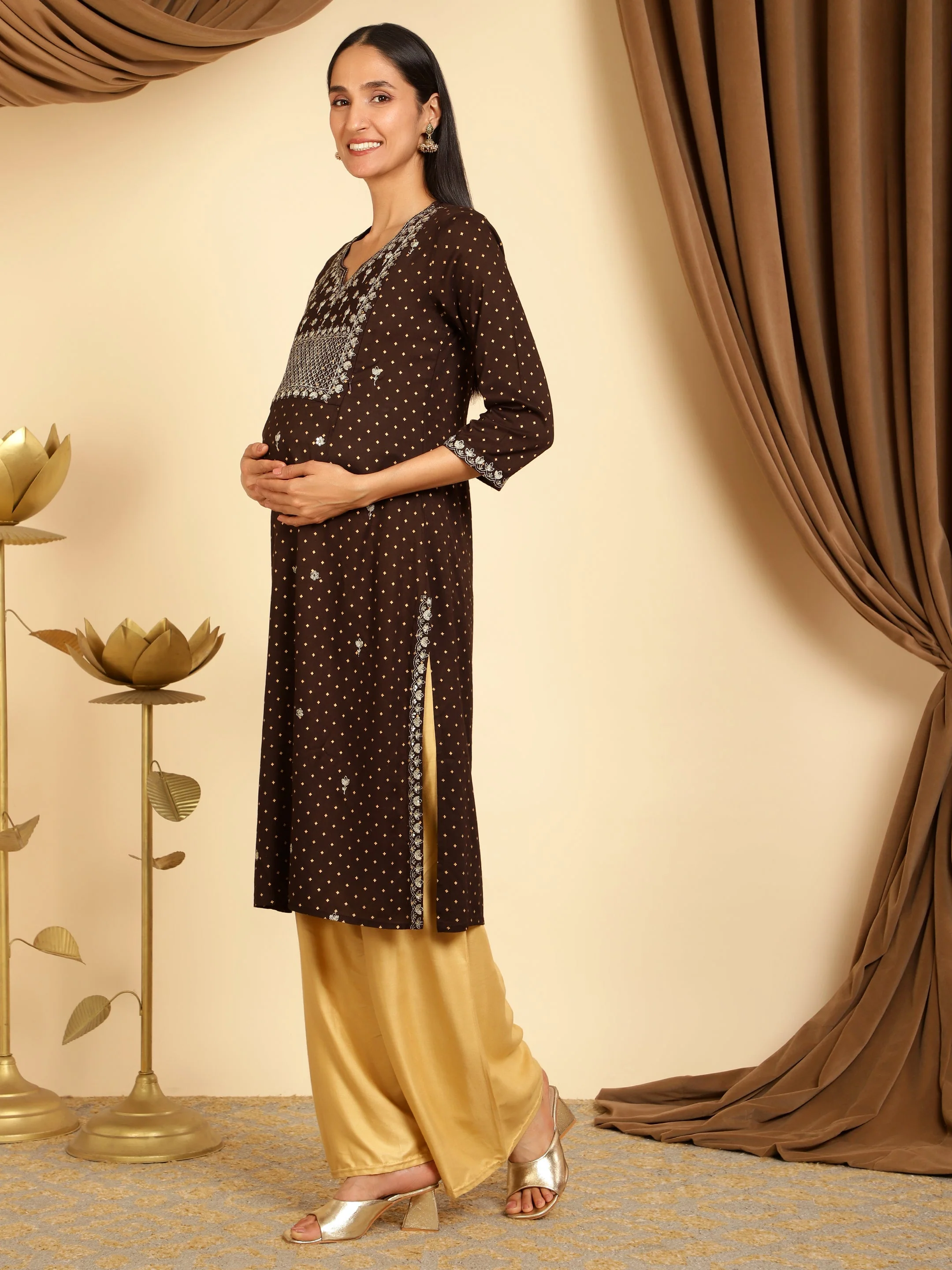 Brown sequins embroidered maternity kurti - Image 9