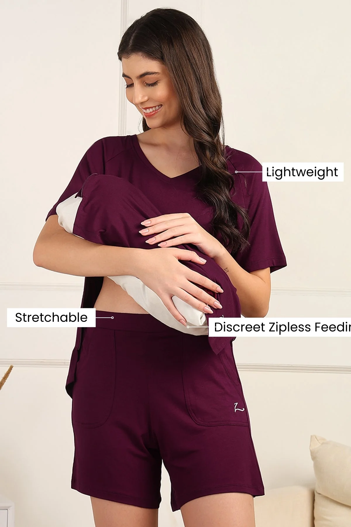 Burgundy Maternity Nursing Top & Shorts Set - Image 2