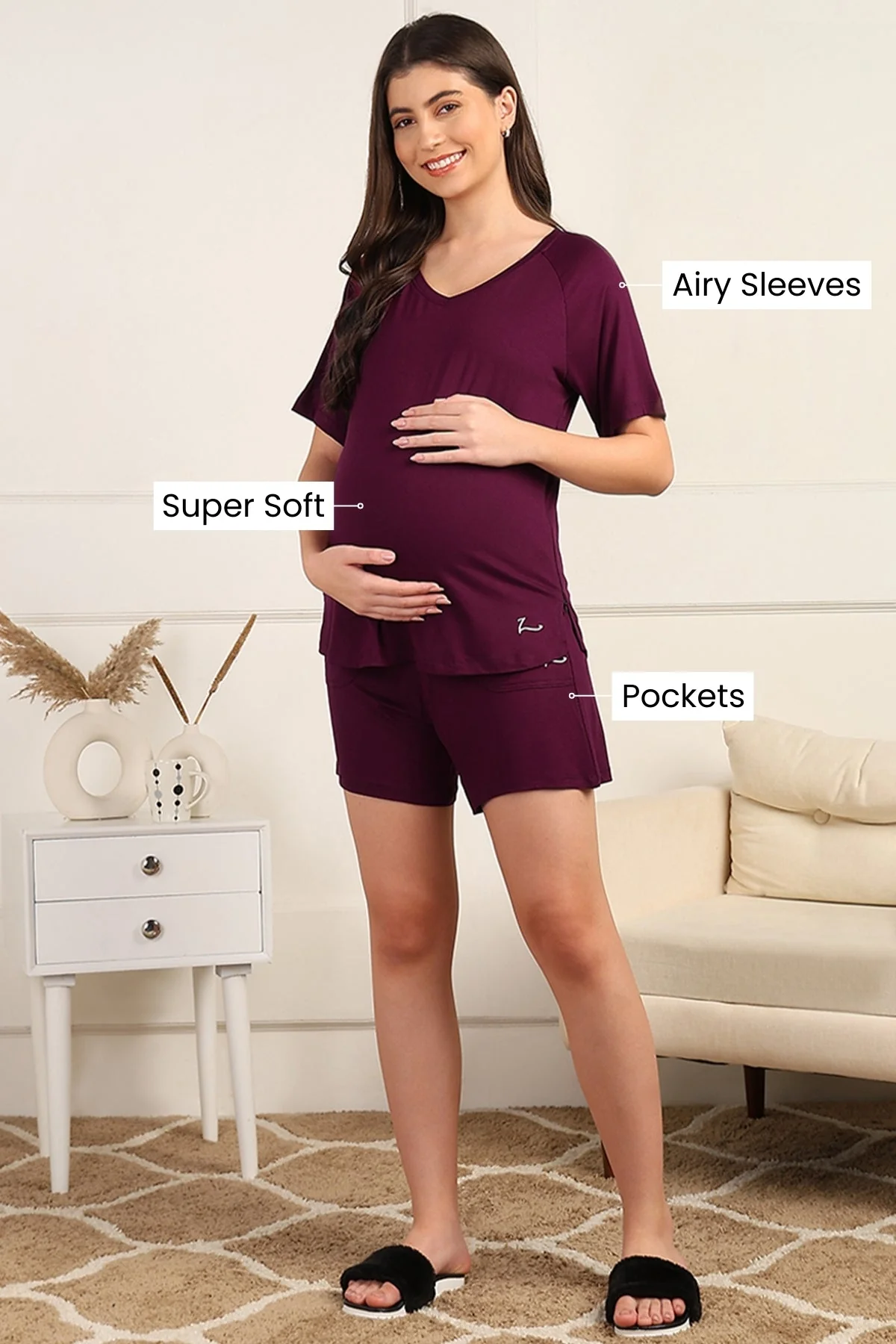 Burgundy Maternity Nursing Top & Shorts Set - Image 3