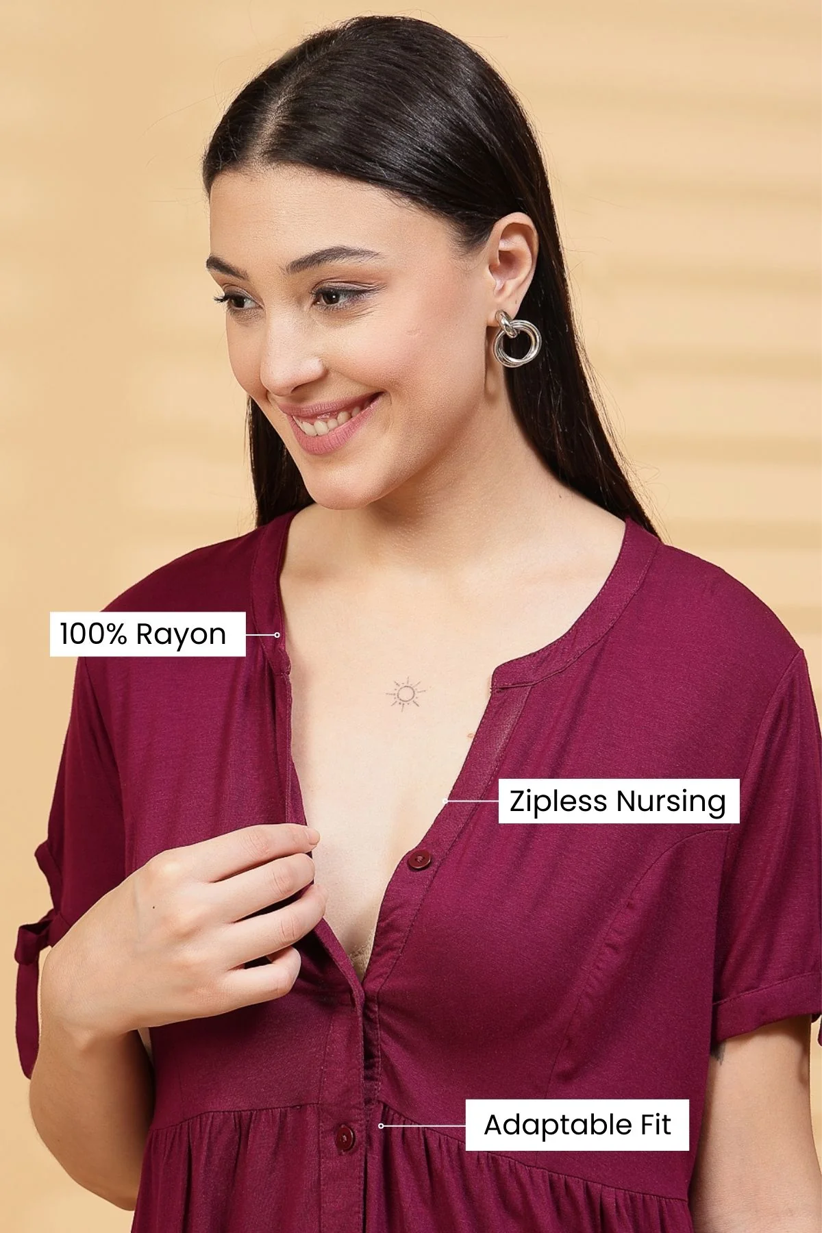 Burgundy Solid Button Top For Zipless Feeding - Image 2