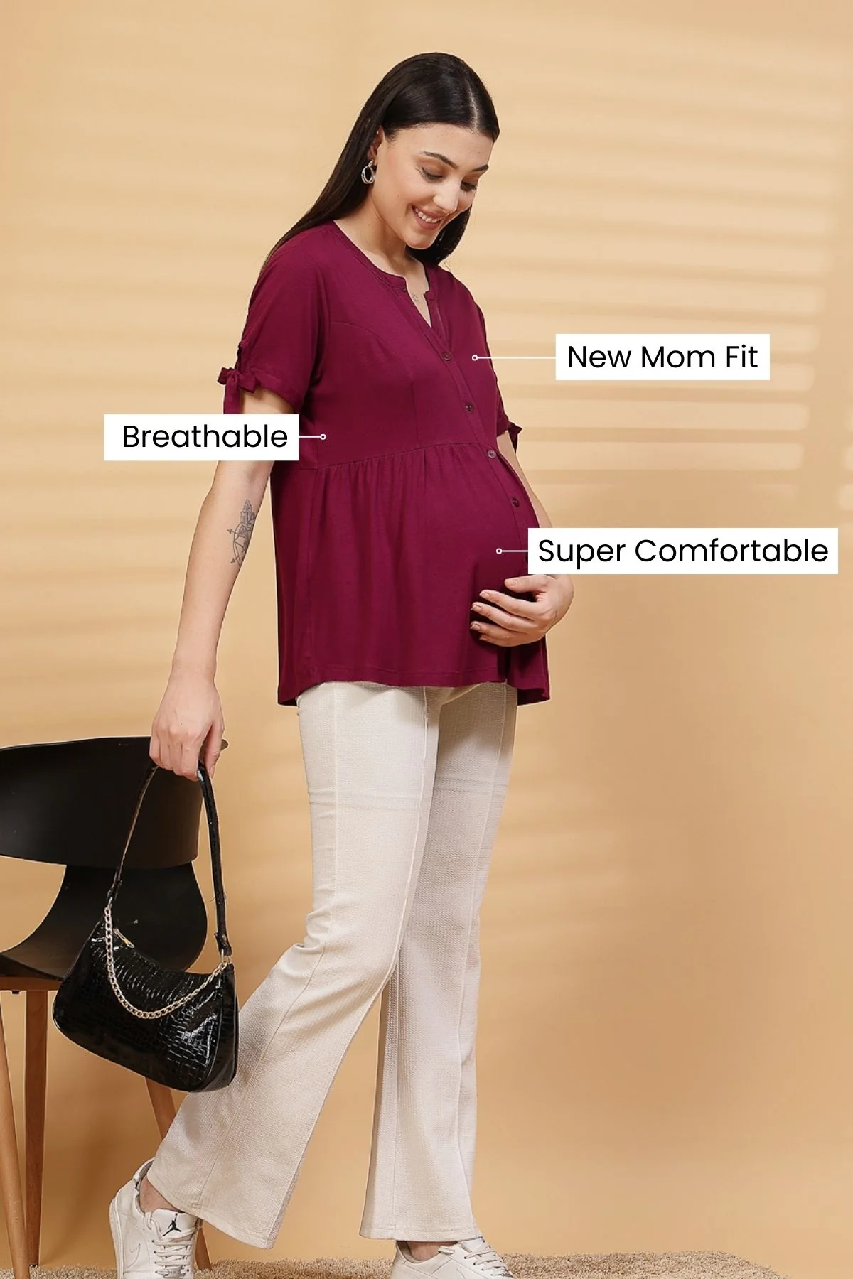 Burgundy Solid Button Top For Zipless Feeding - Image 3