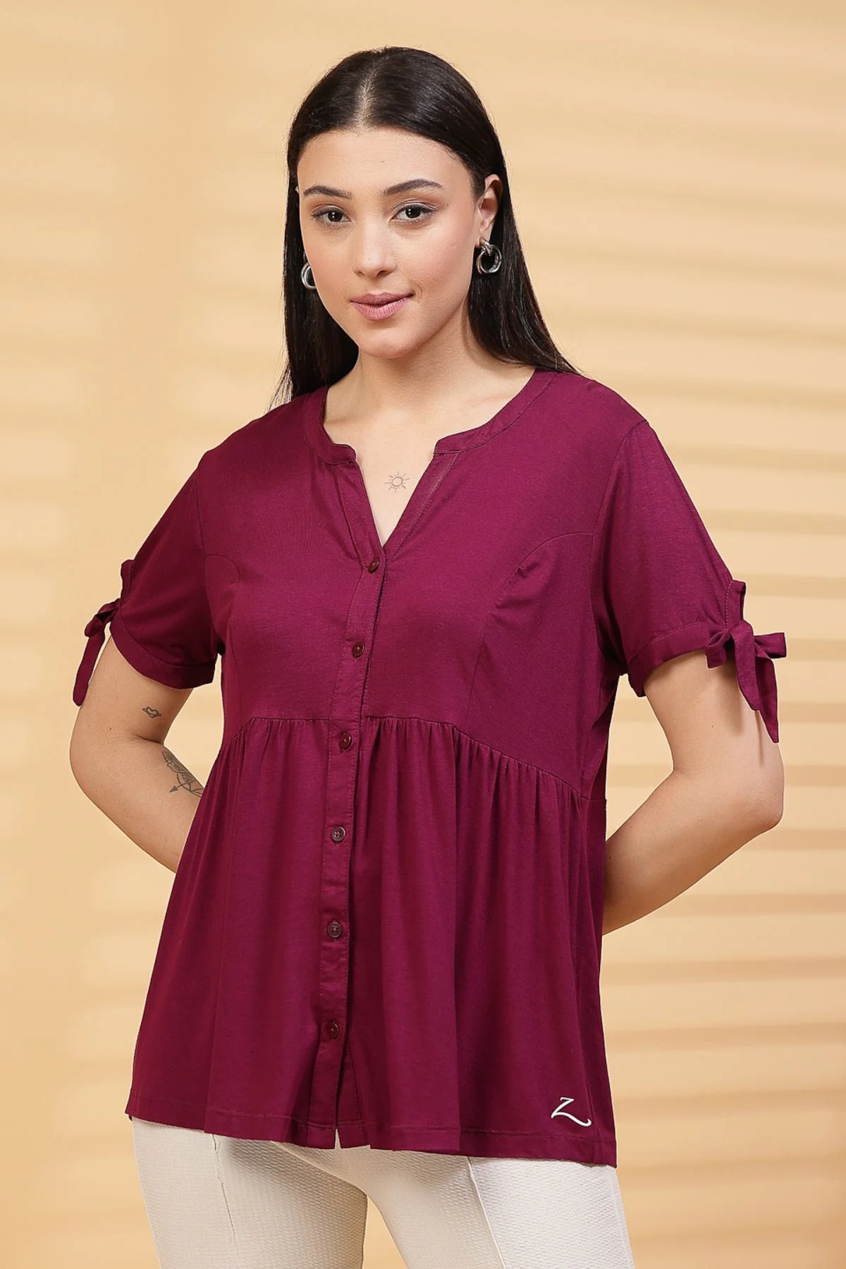 Burgundy Solid Button Top For Zipless Feeding - Image 6