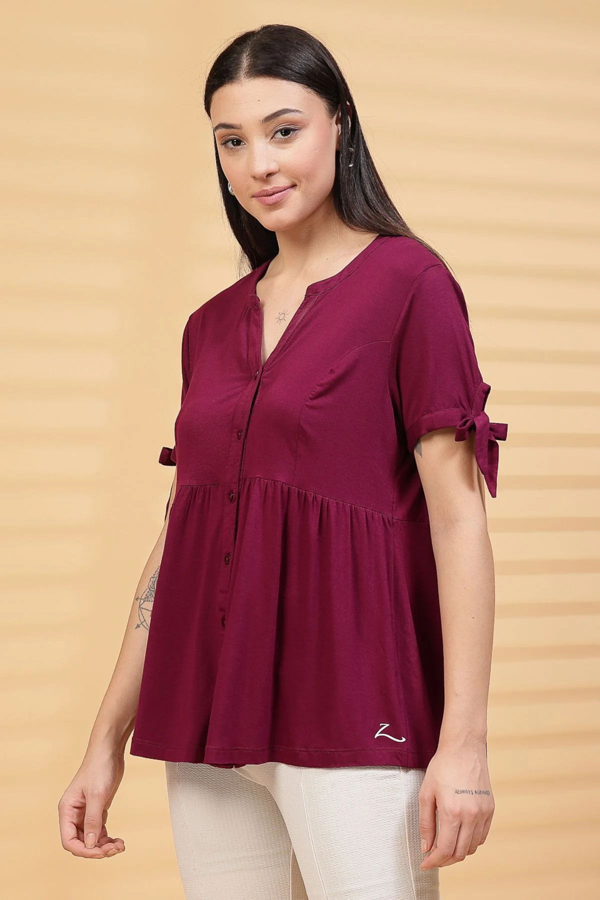 Burgundy Solid Button Top For Zipless Feeding - Image 7