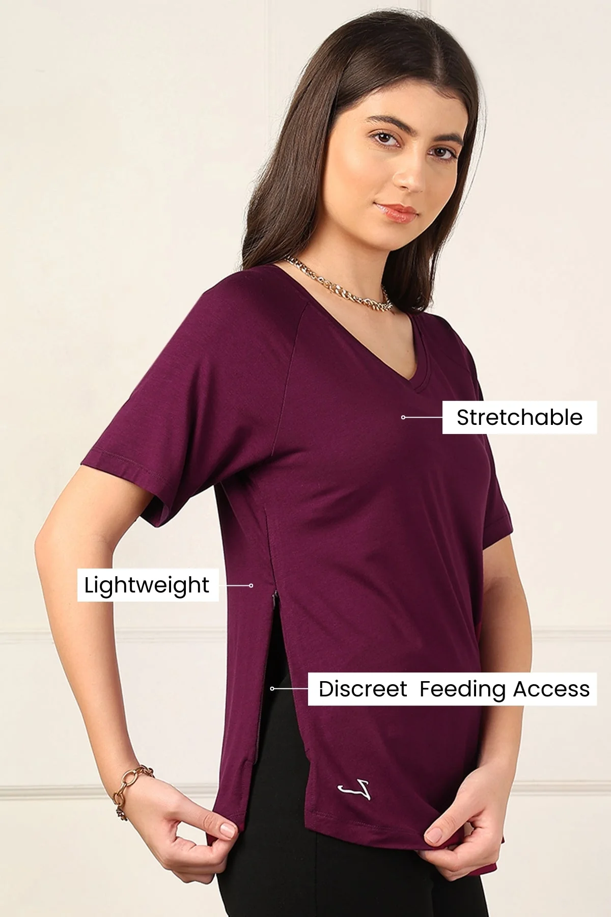 Burgundy Solid Nursing Top with Side Zip Access - Image 3
