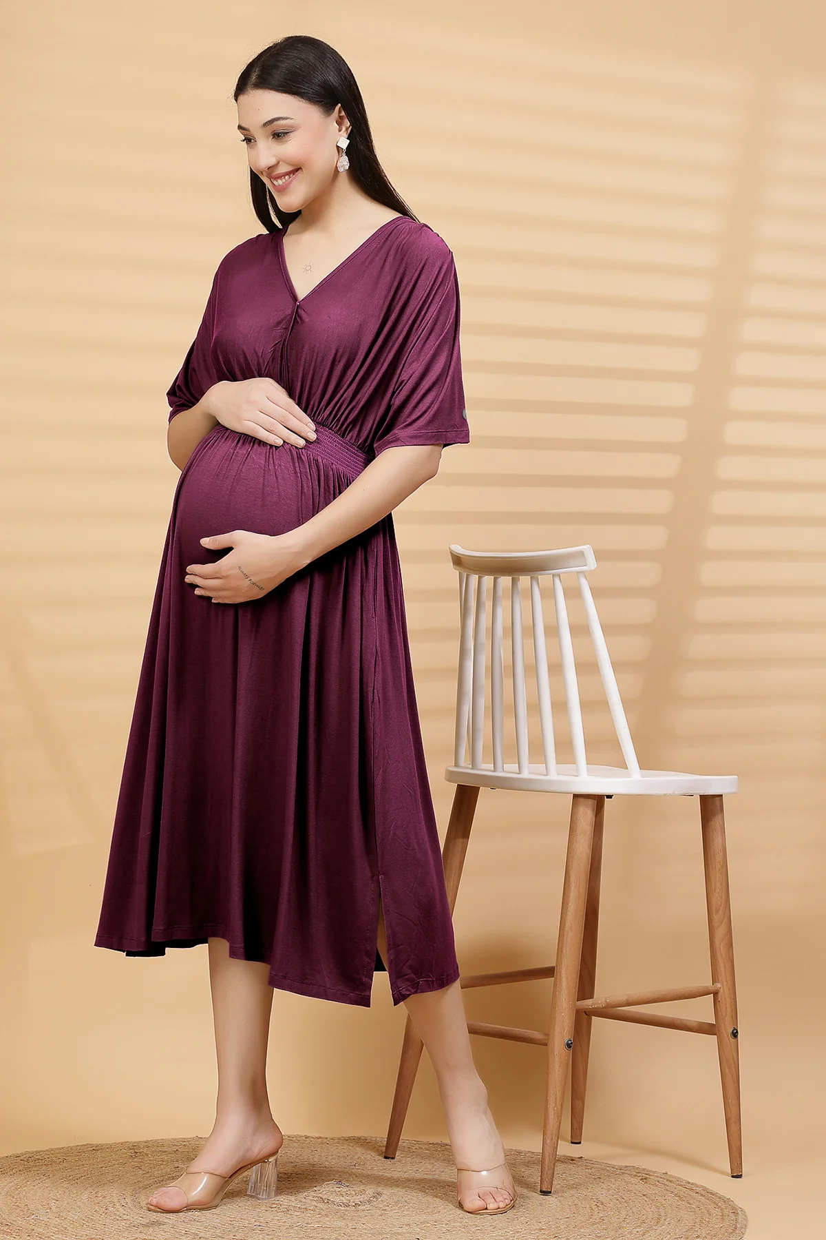 Burgundy Solid Smocked Waist Zipless Feeding Dress - Image 3