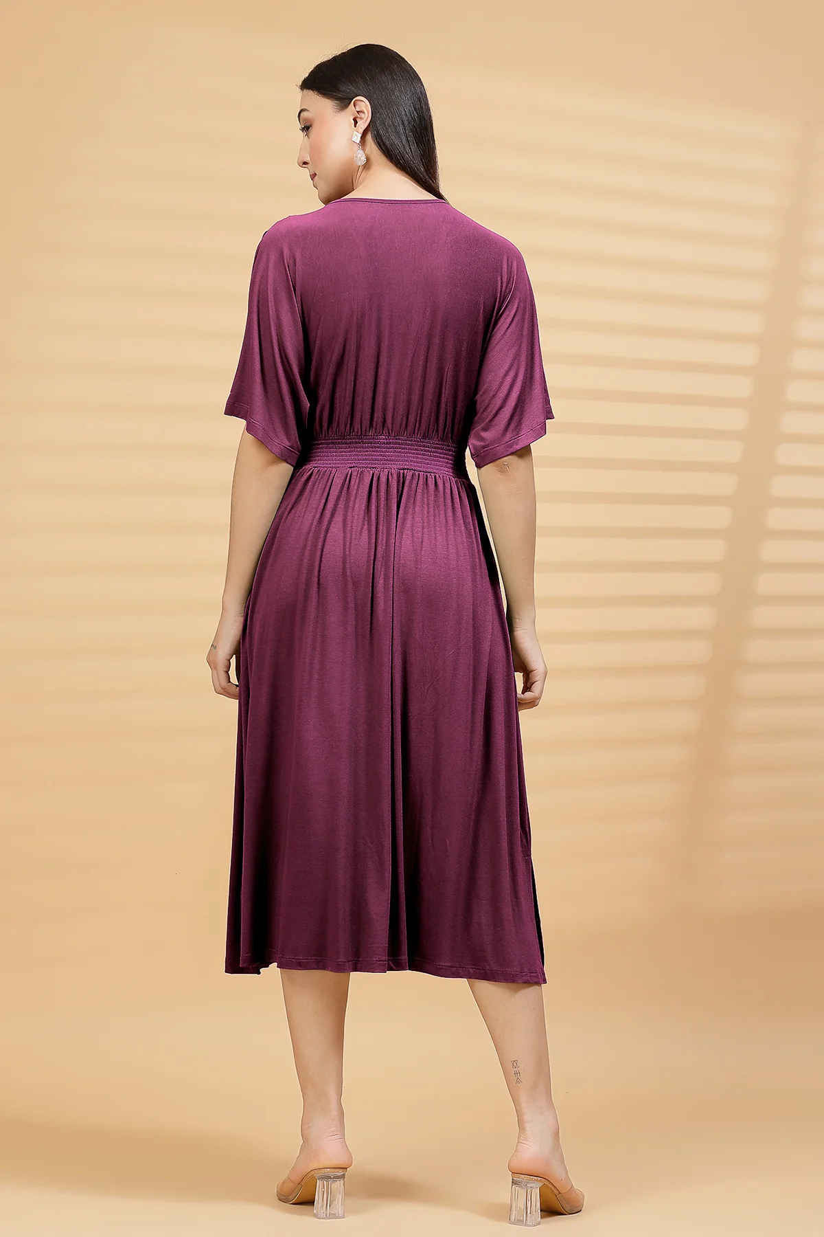 Burgundy Solid Smocked Waist Zipless Feeding Dress - Image 4